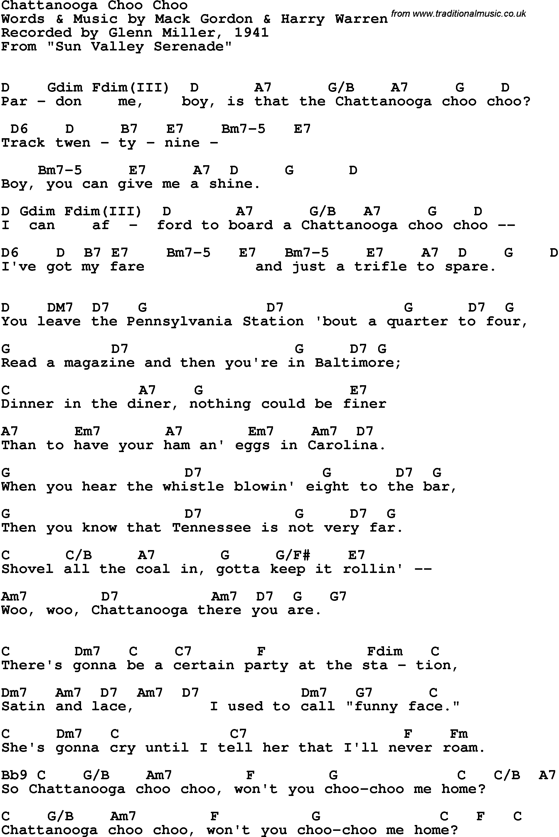 Song Lyrics with guitar chords for Chattanooga Choo Choo - Glenn Miller, 1941