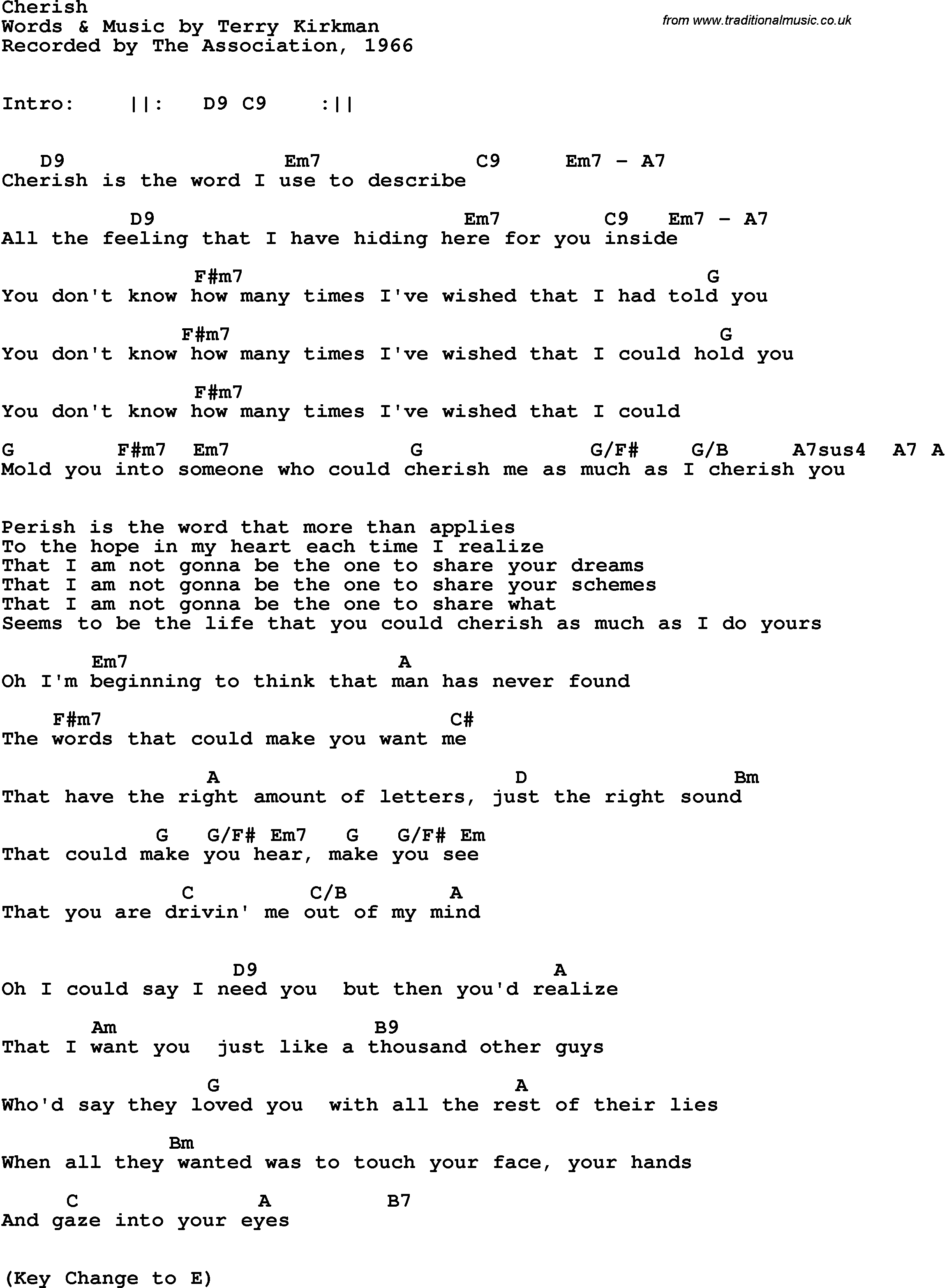 Song Lyrics with guitar chords for Cherish - The Association, 1966