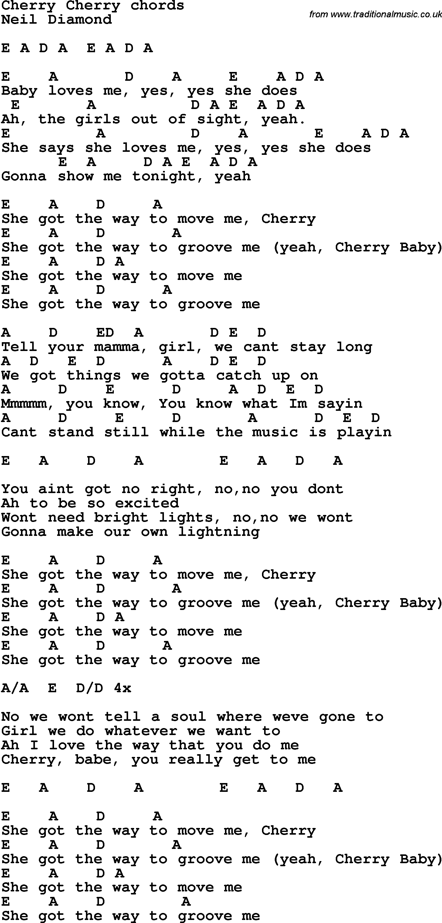Song Lyrics with guitar chords for Cherry Cherry