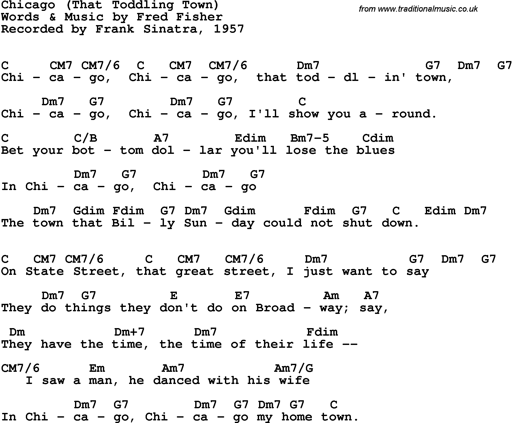 Song Lyrics with guitar chords for Chicago - Frank Sinatra, 1957