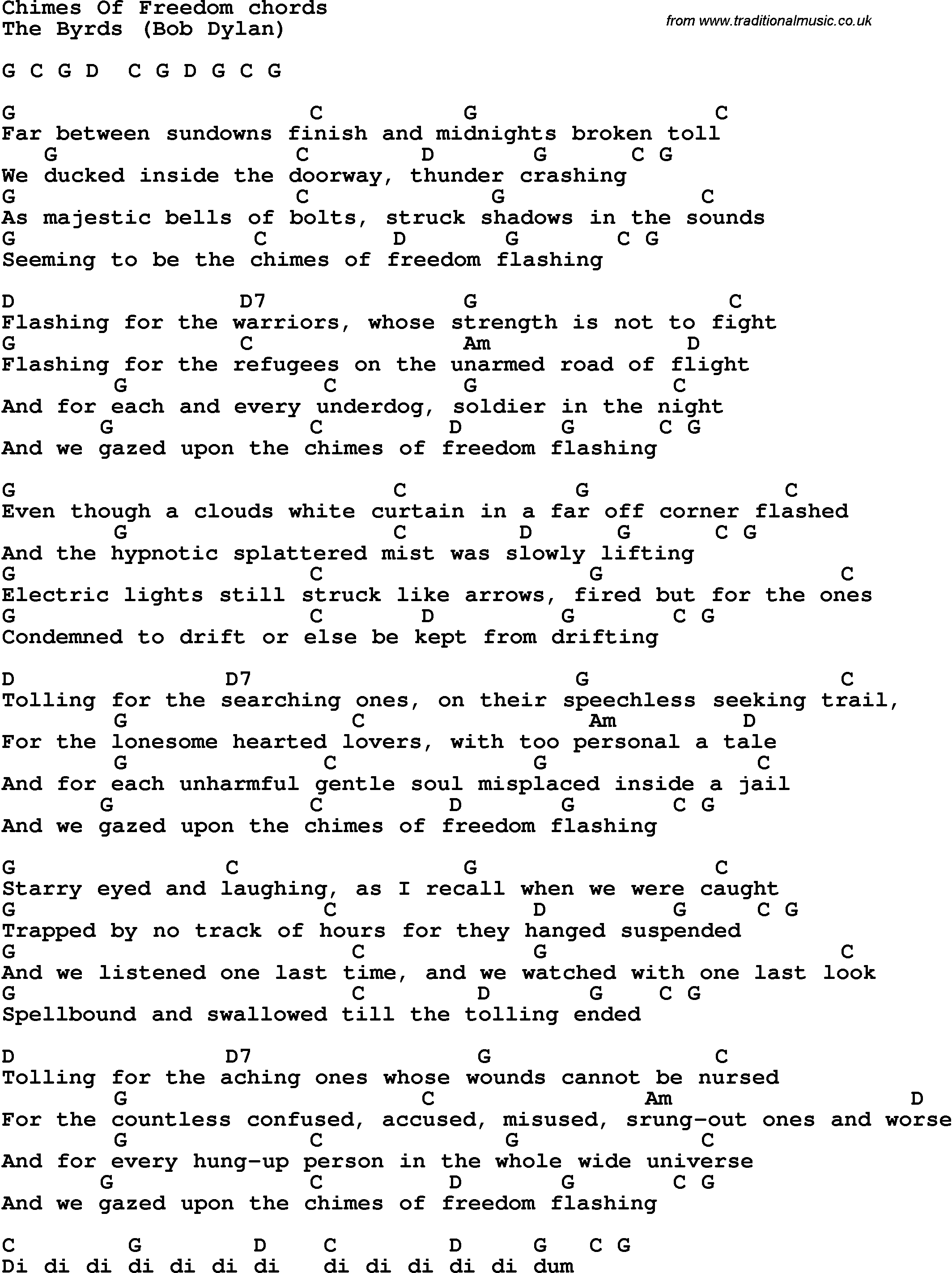 Song Lyrics with guitar chords for Chimes Of Freedom