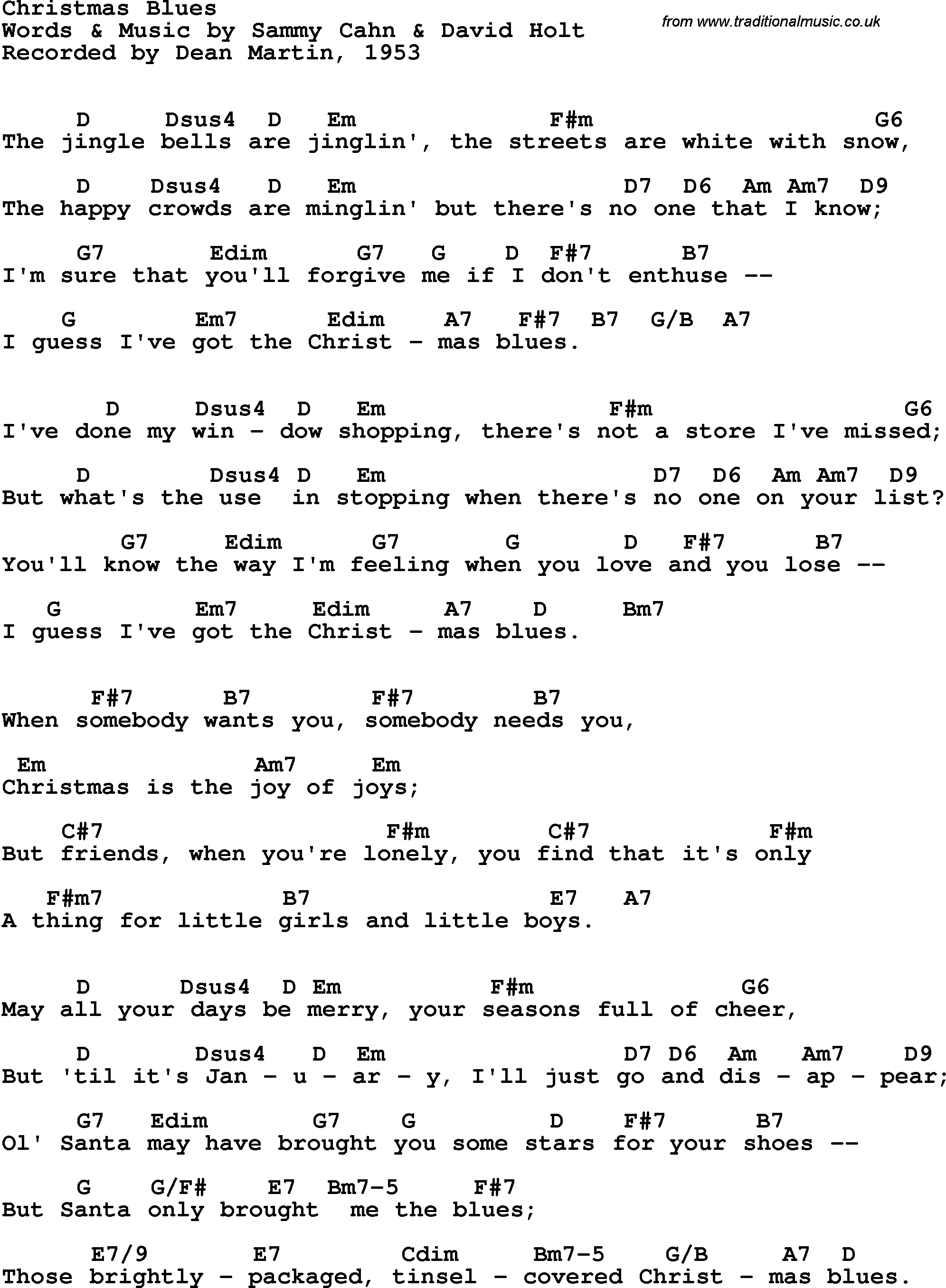 Song Lyrics with guitar chords for Christmas Blues - Dean Martin, 1953