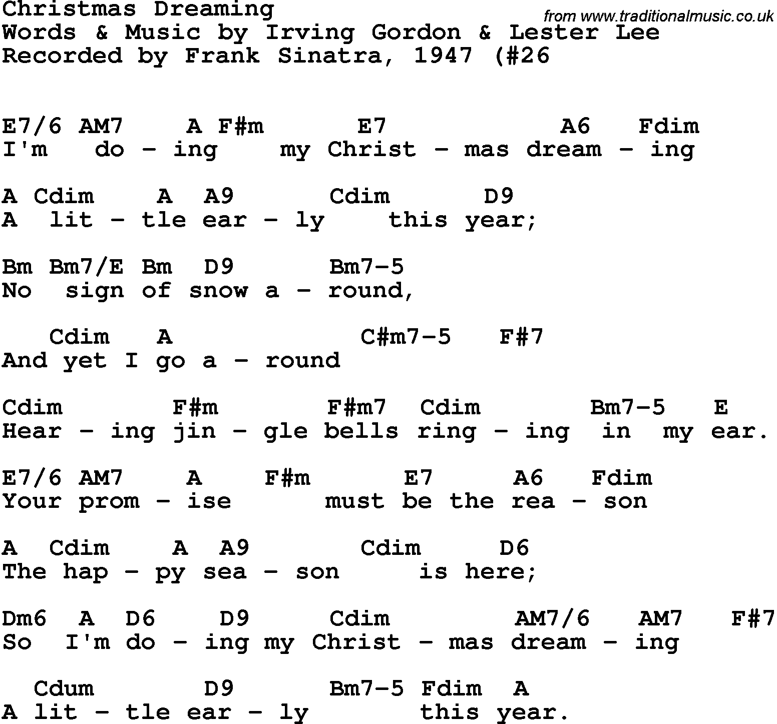 Song Lyrics with guitar chords for Christmas Dreaming - Frank Sinatra, 1947