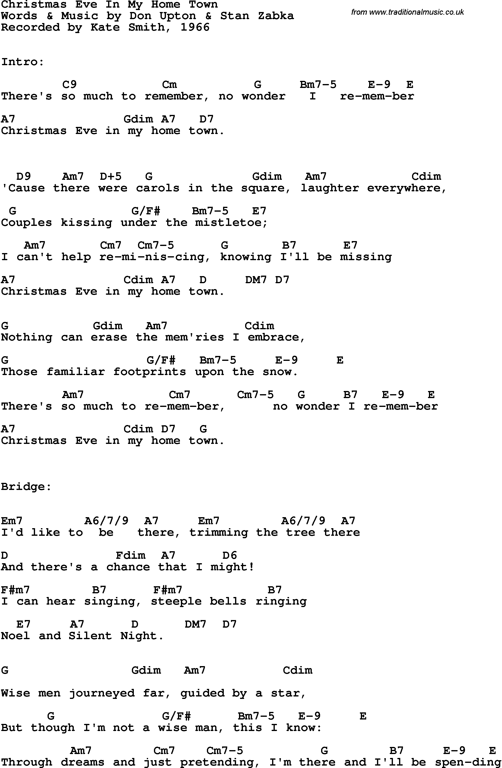 Song Lyrics with guitar chords for Christmas Eve In My Home Town - Kate Smith, 1966