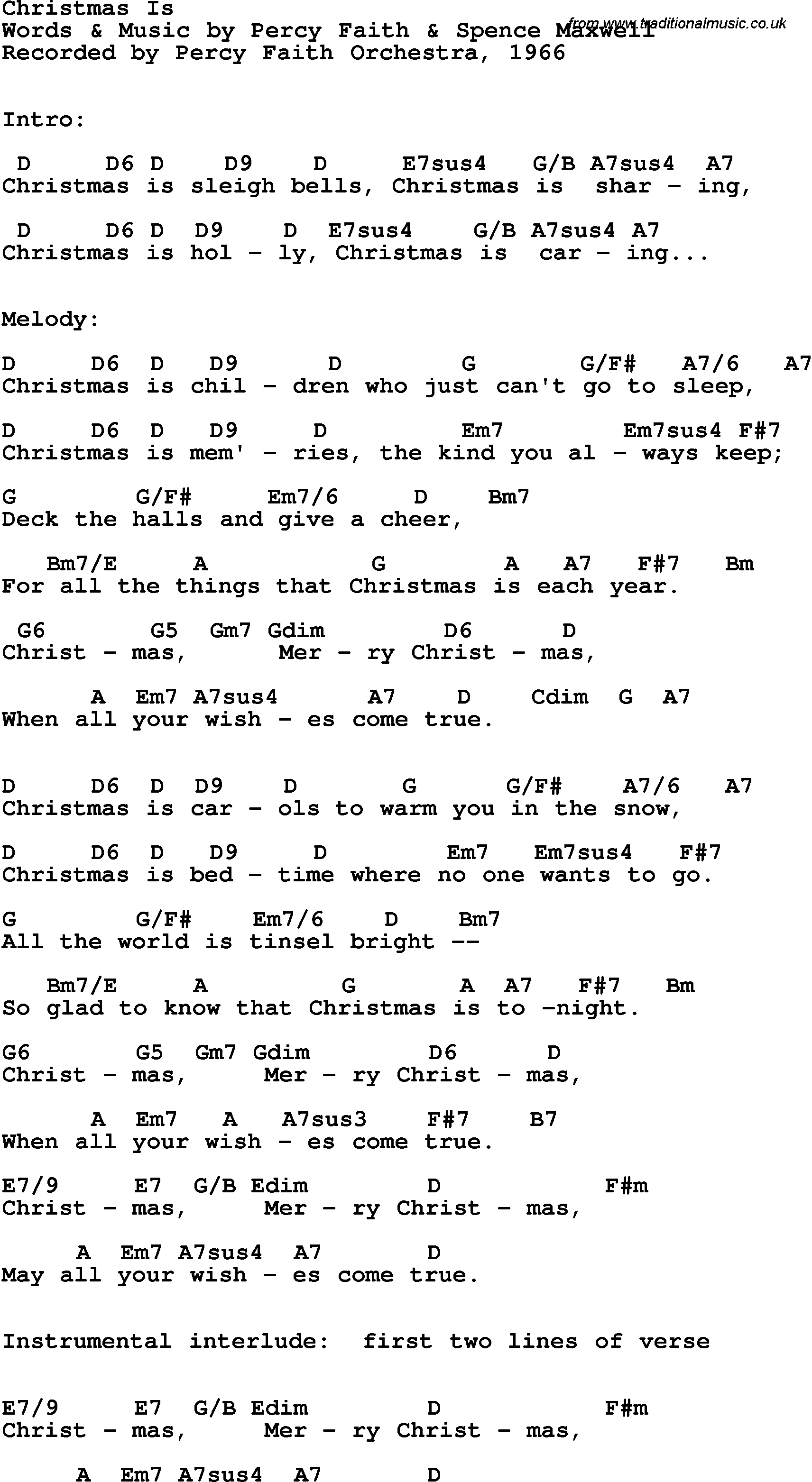 Song Lyrics with guitar chords for Christmas Is - Percy Faith, 1966