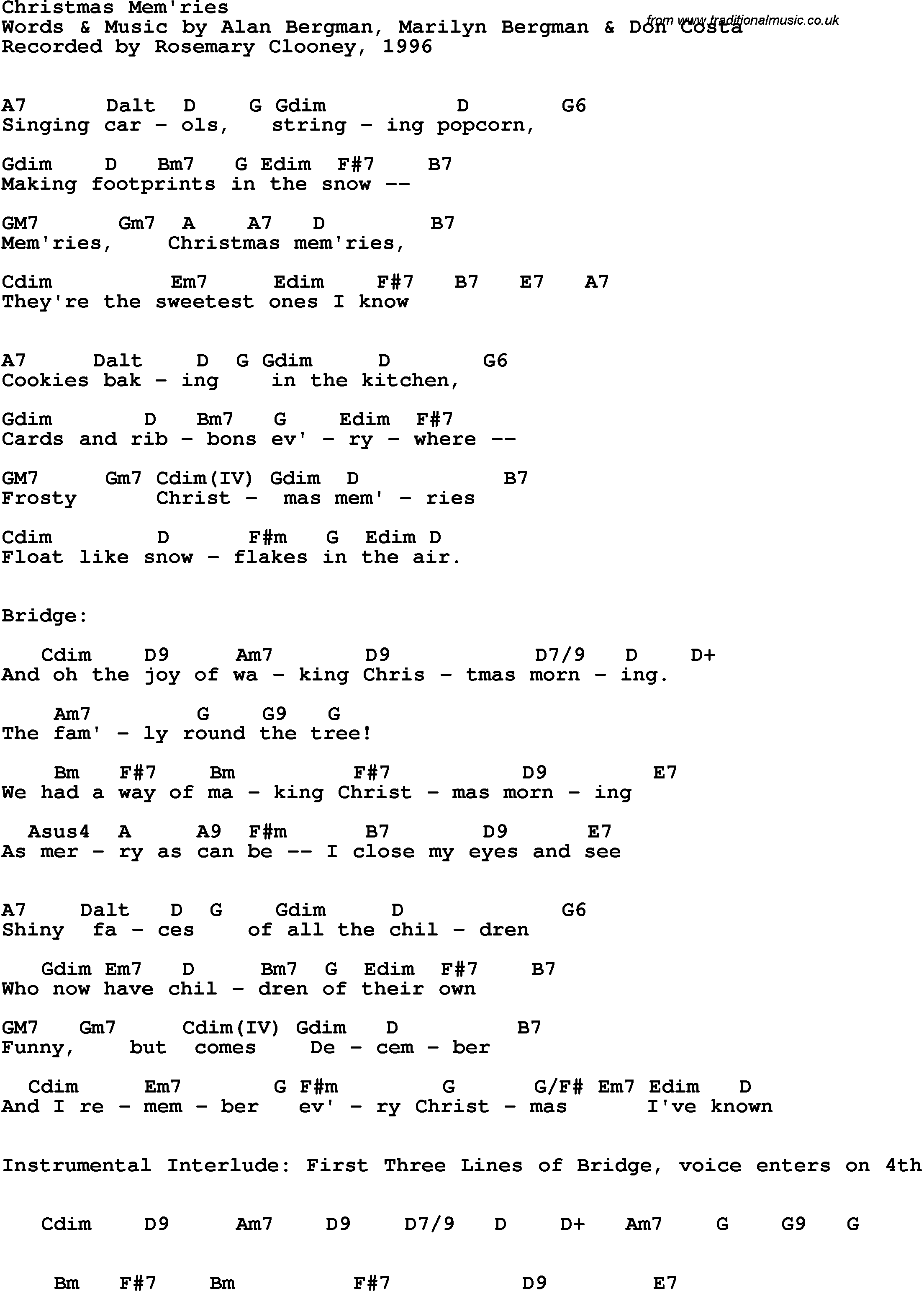 Song Lyrics with guitar chords for Christmas Mem'ries - Rosemary Clooney, 1996