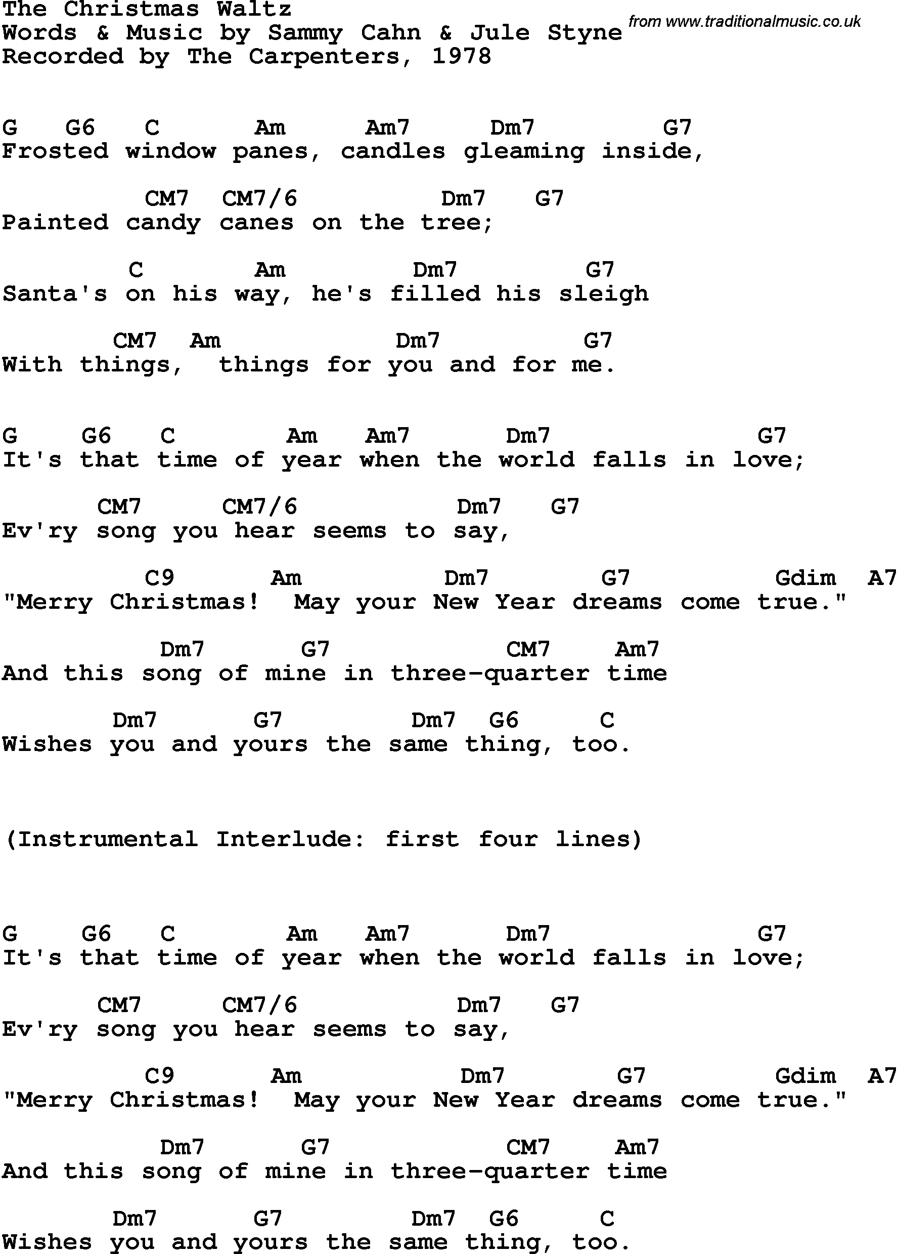 Song Lyrics with guitar chords for Christmas Waltz, The - The Carpenters, 1978