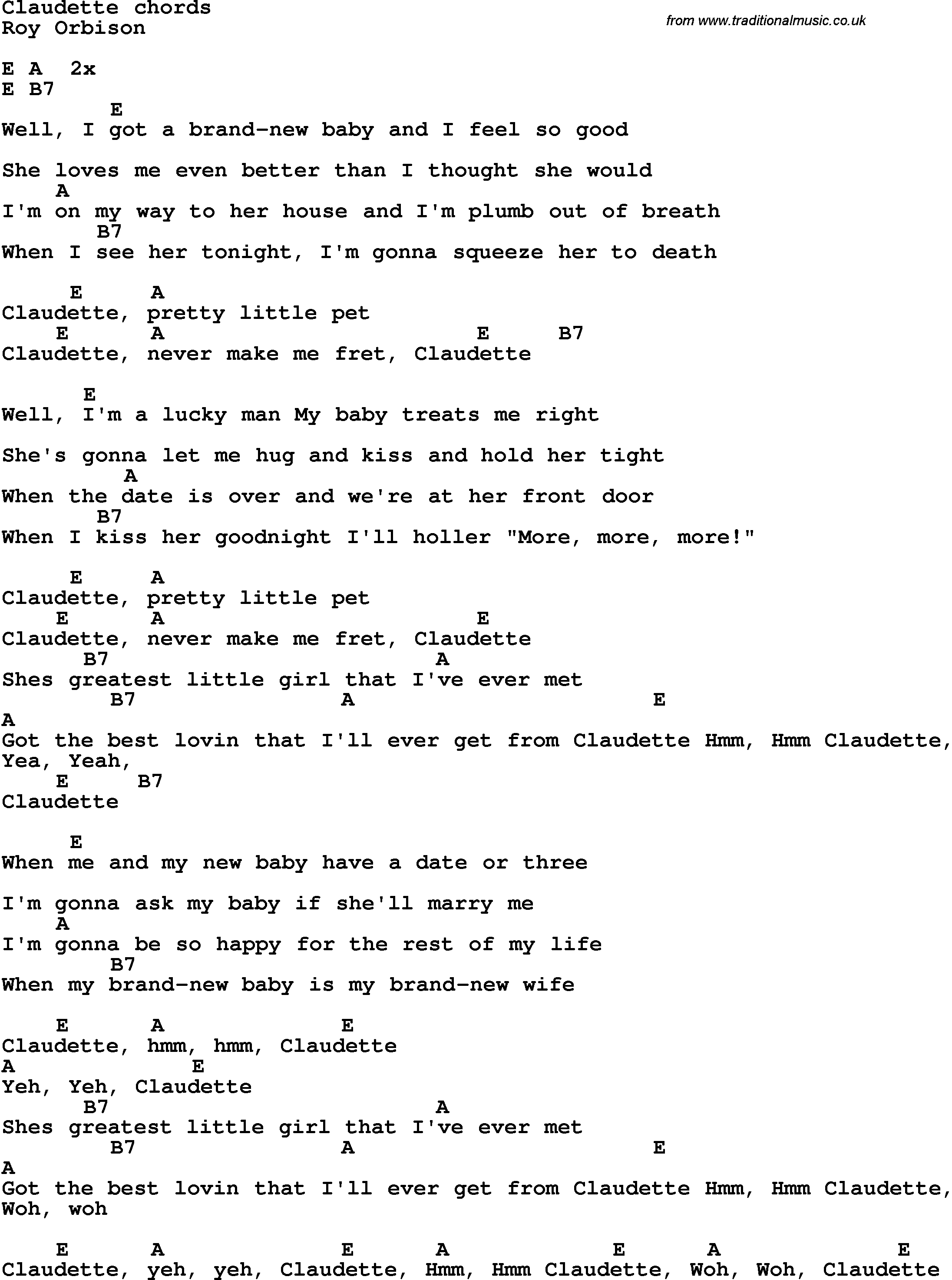 Song Lyrics with guitar chords for Claudette