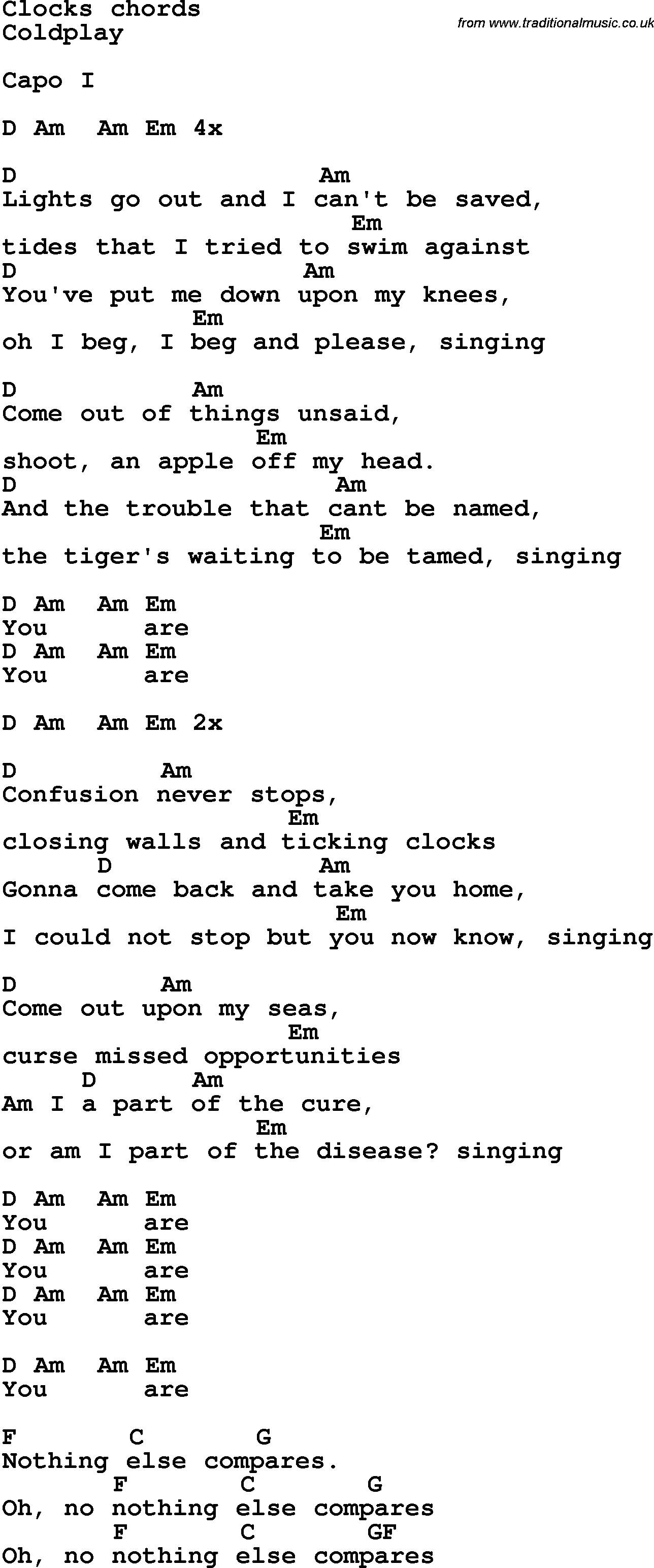 Song Lyrics with guitar chords for Clock's