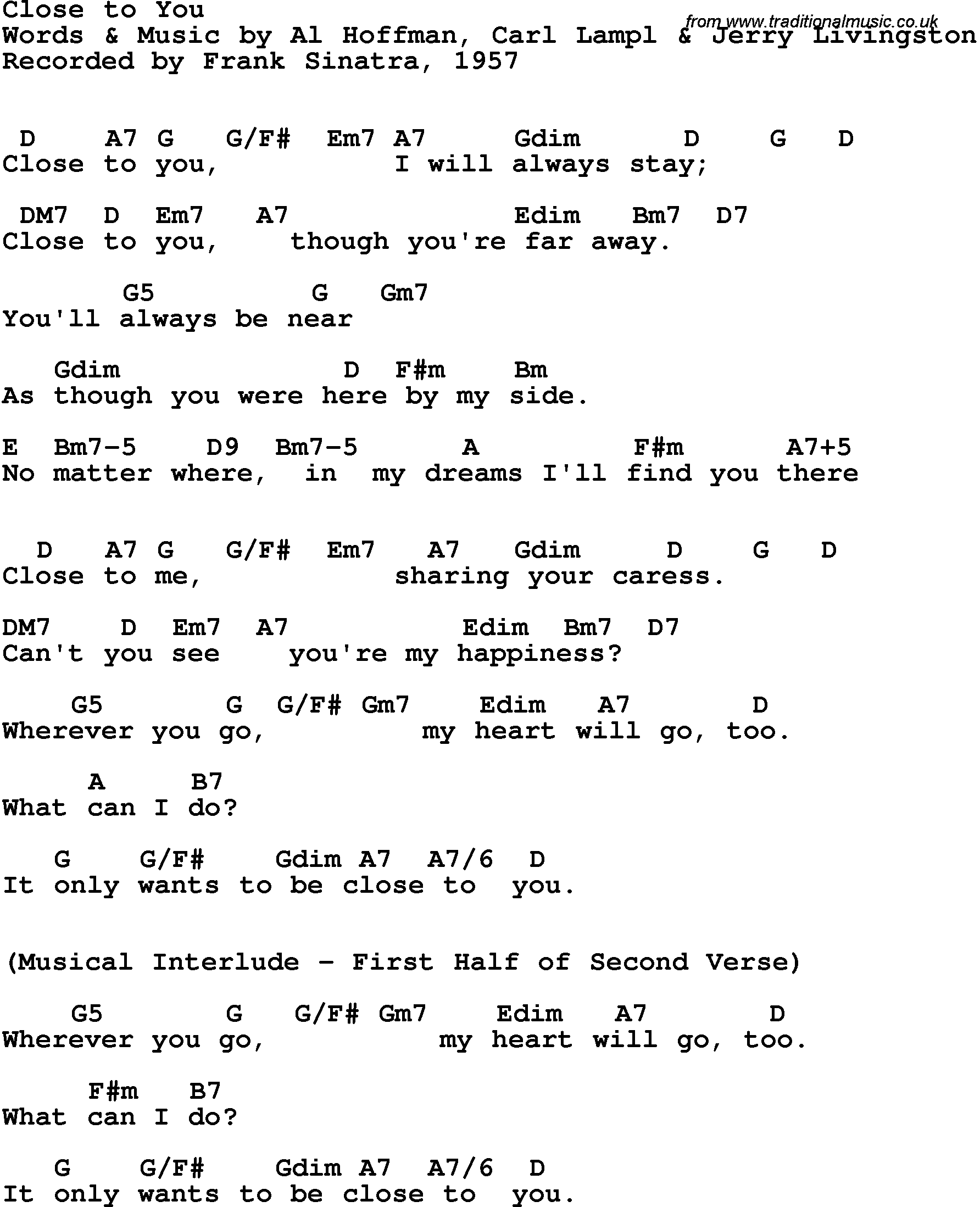 Song Lyrics with guitar chords for Close To You - Frank Sinatra, 1957