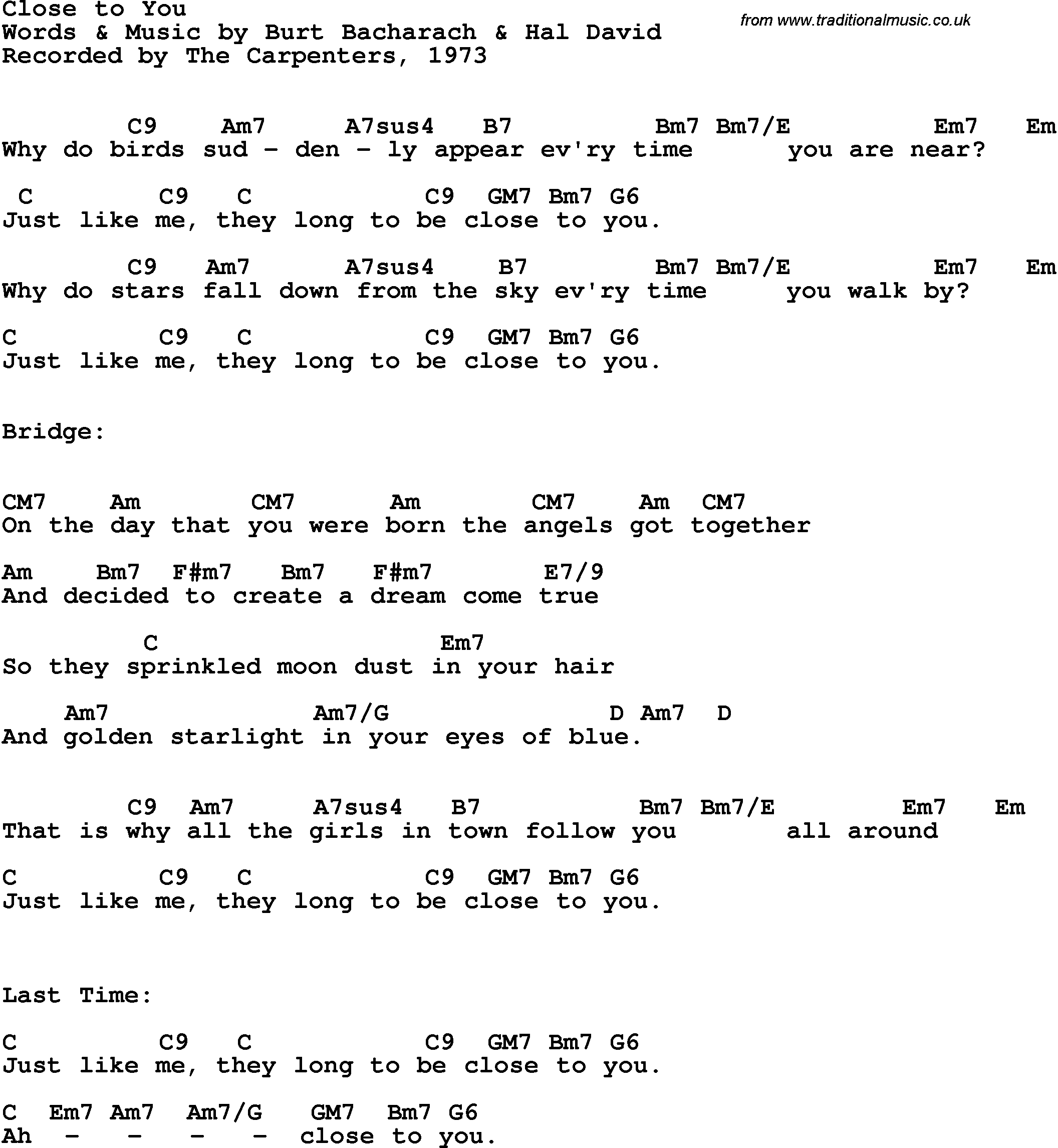 Song Lyrics with guitar chords for Close To You - The Carpenters, 1973