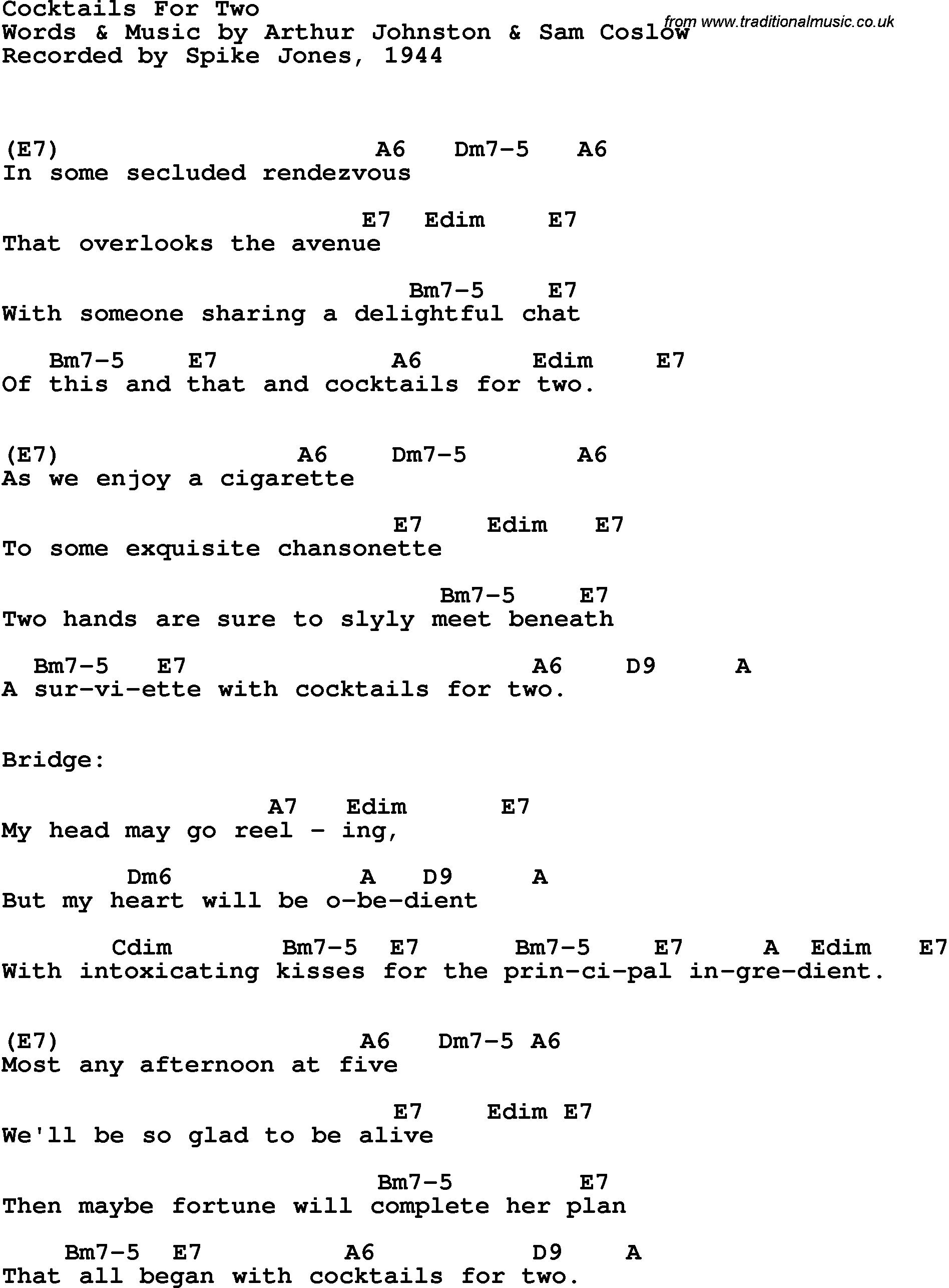 Song Lyrics with guitar chords for Cocktails For Two - Spike Jones, 1944