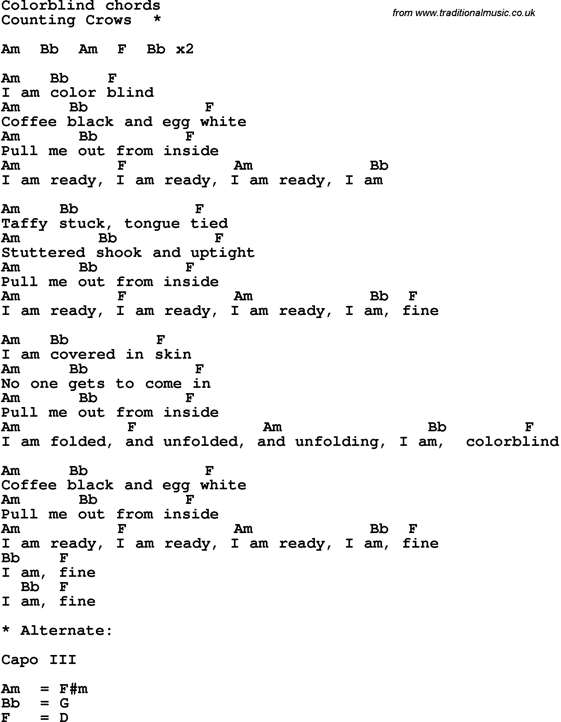 Song Lyrics with guitar chords for Colorblind