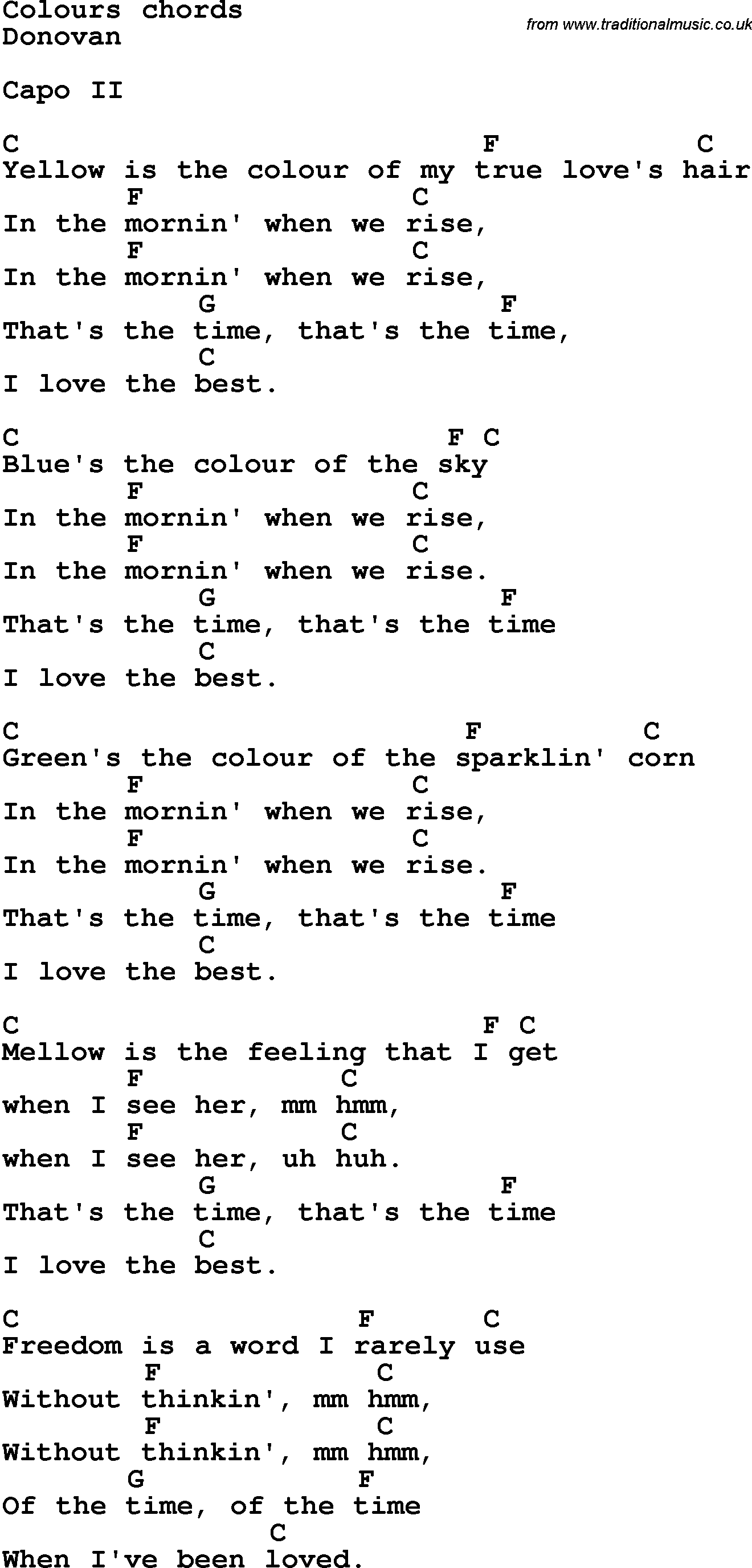 Song Lyrics with guitar chords for Colours - Donovan