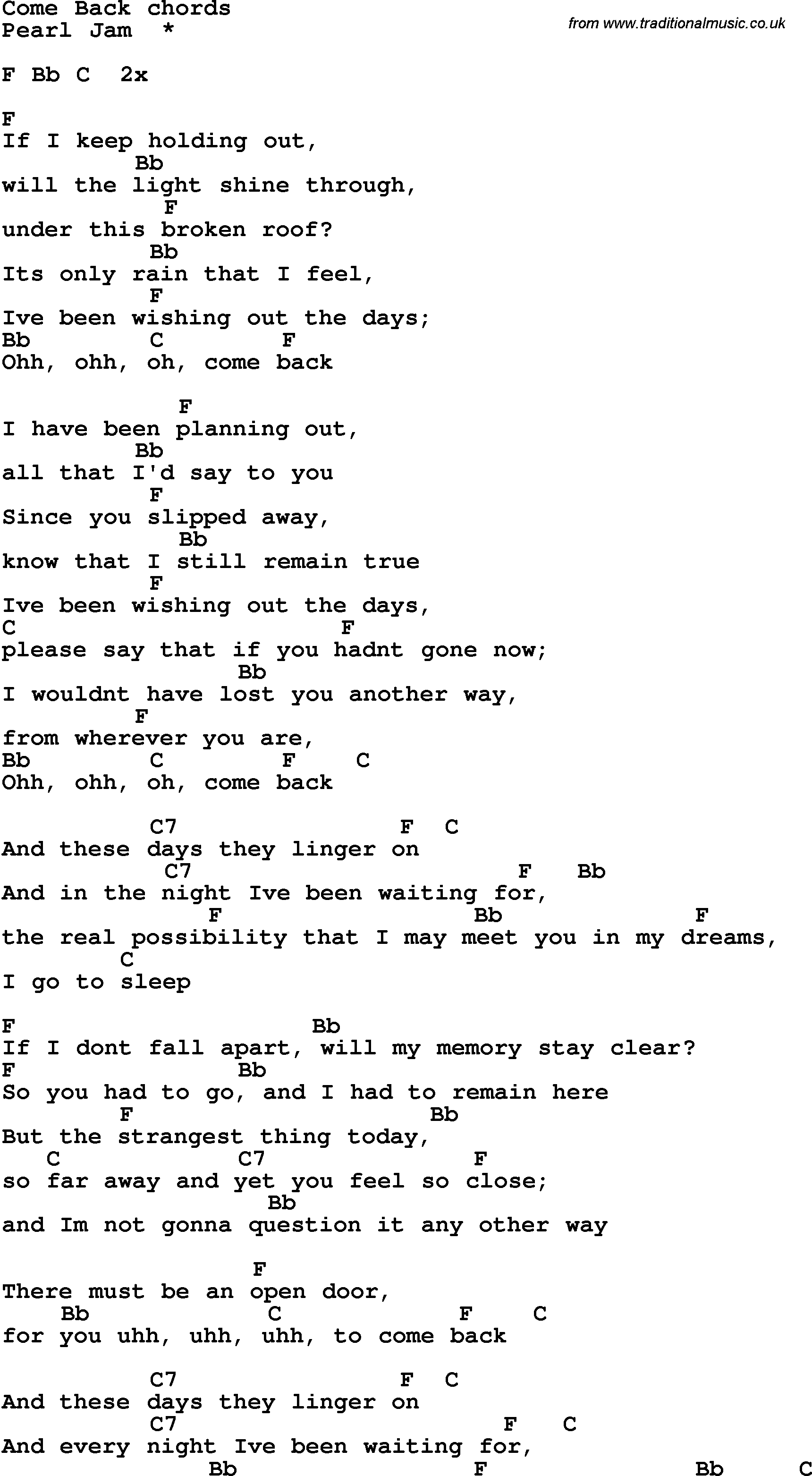 Song Lyrics with guitar chords for Come Back