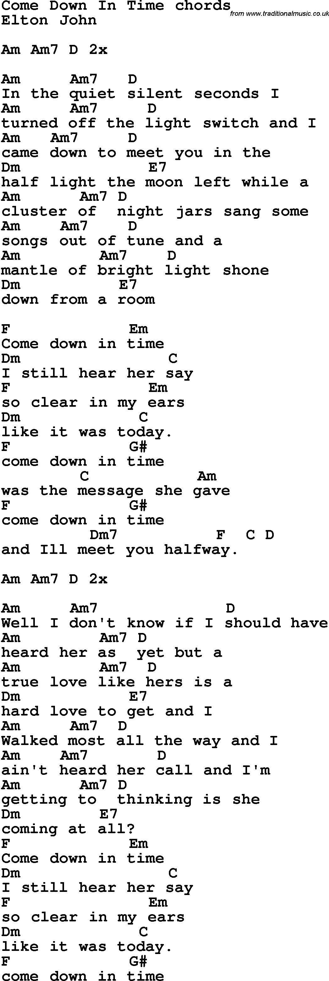 Song Lyrics with guitar chords for Come Down In Time