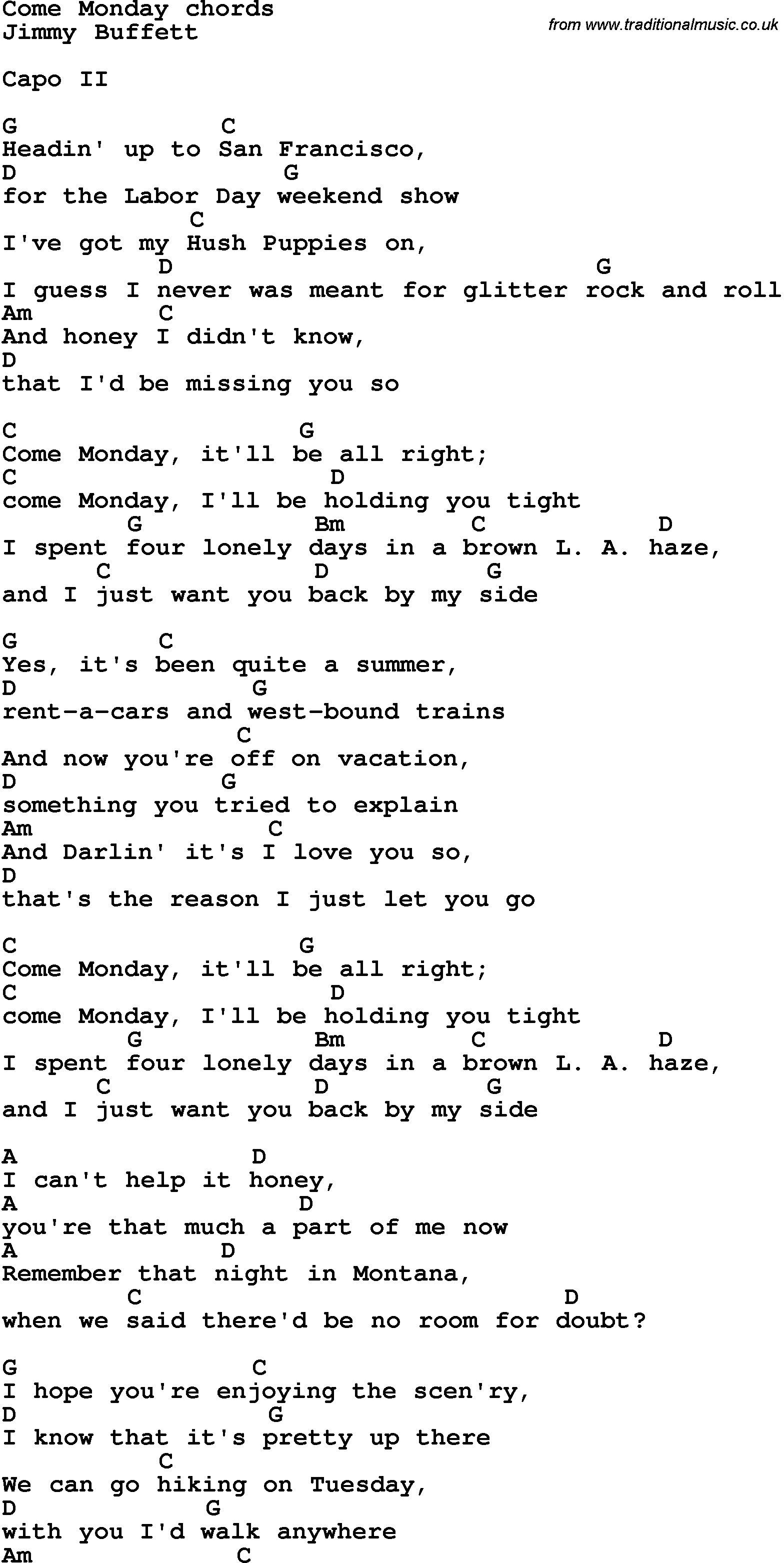 Song Lyrics with guitar chords for Come Monday