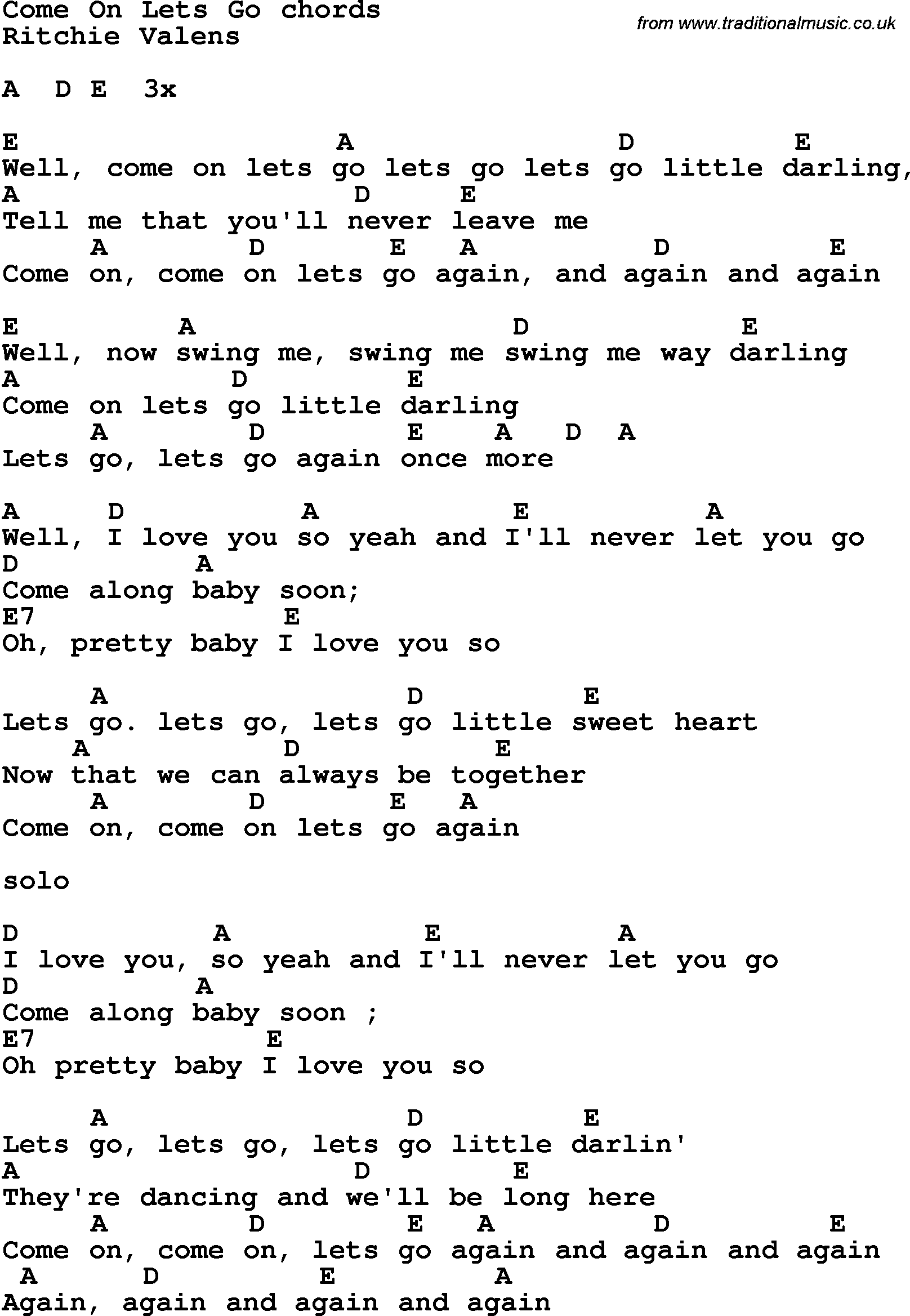 Song Lyrics with guitar chords for Come On Lets Go
