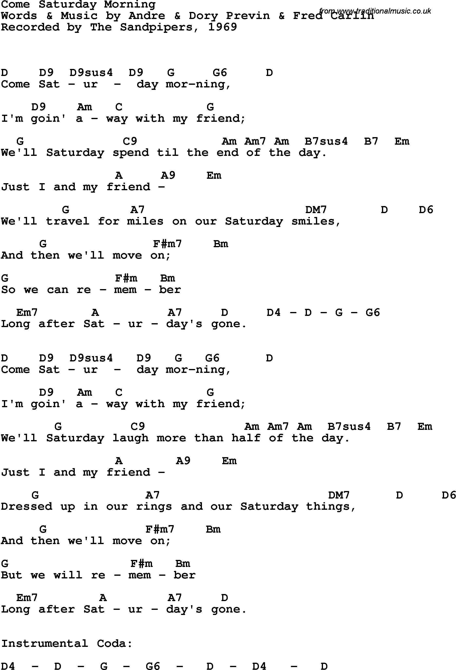 Song Lyrics with guitar chords for Come Saturday Morning - The Sandpipers, 1969
