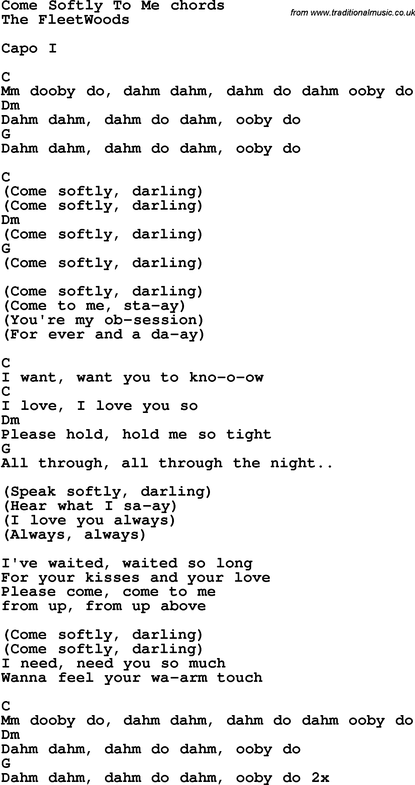Song Lyrics with guitar chords for Come Softly To Me