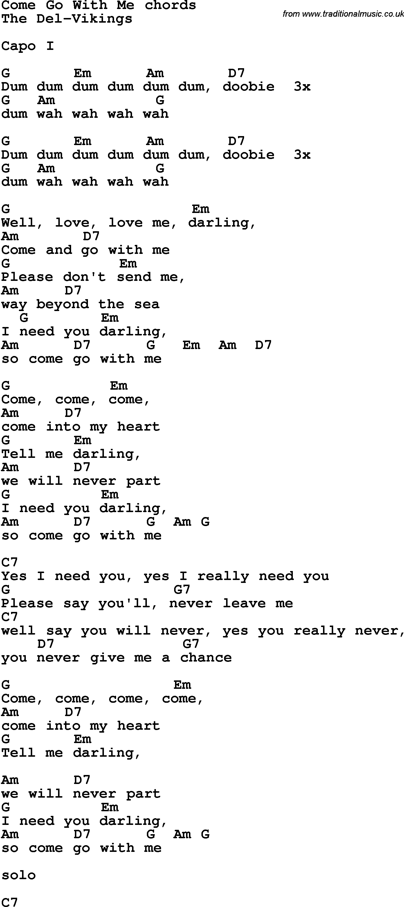 Song Lyrics with guitar chords for Come With Me