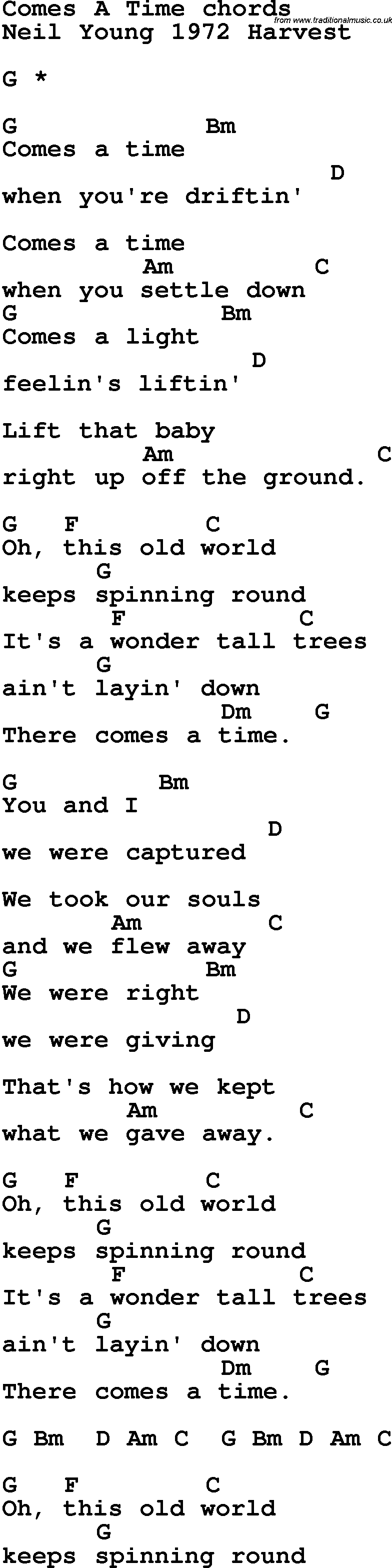 Song Lyrics with guitar chords for Comes A Time - Neil Young 1972