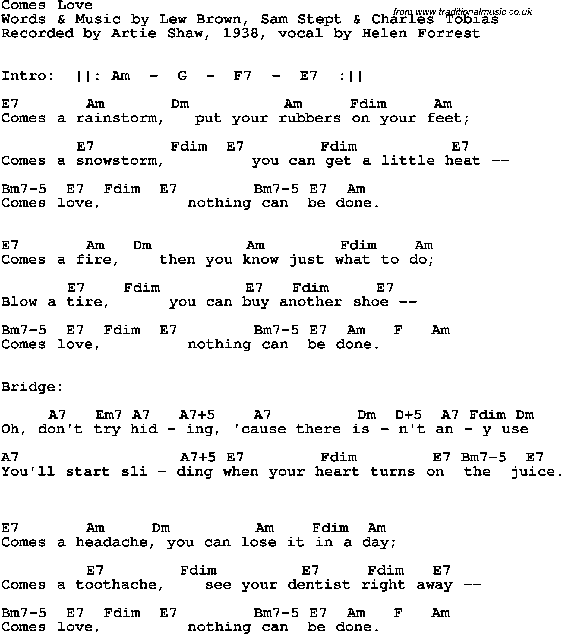 Song Lyrics with guitar chords for Comes Love - Artie Shaw, 1938, Helen Forrest Vocal