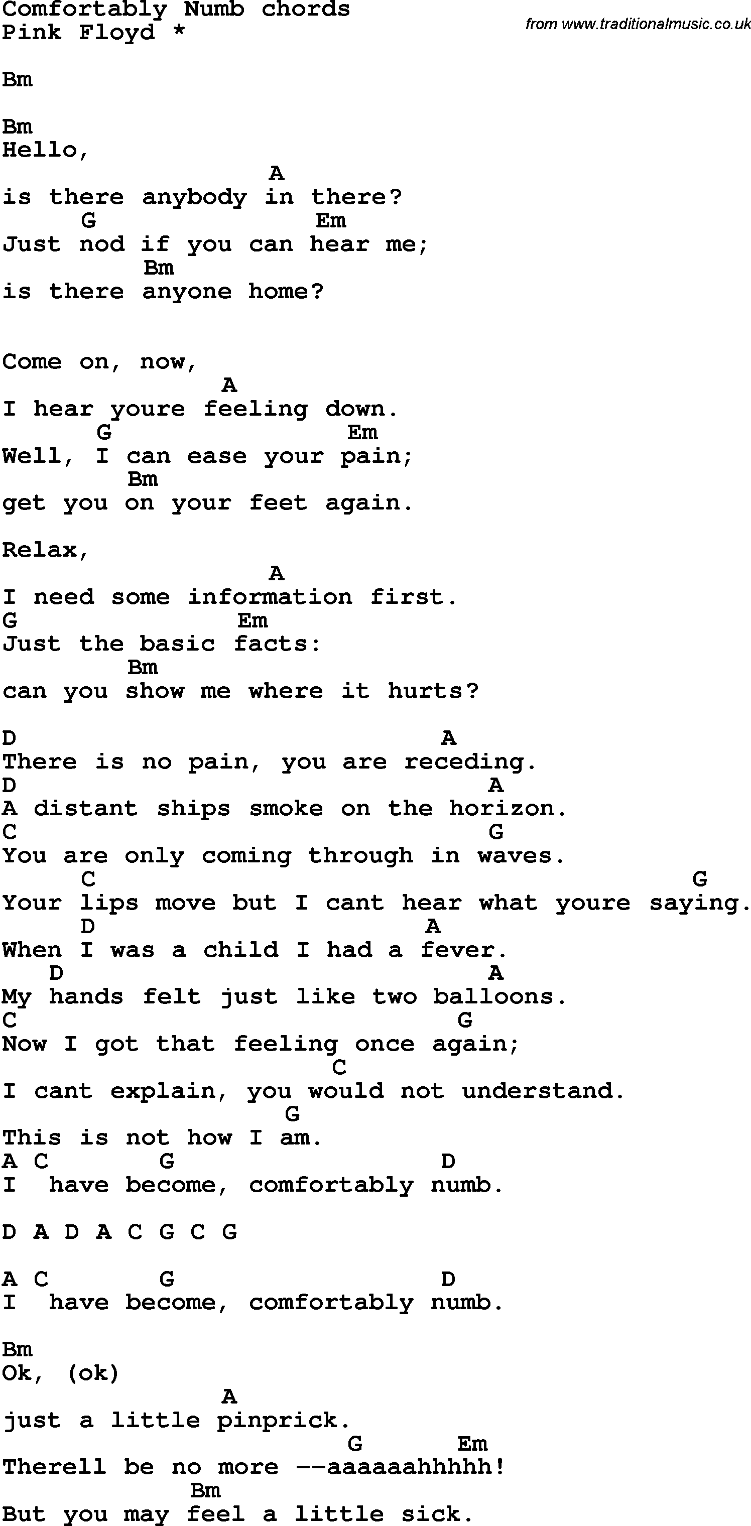 Song Lyrics with guitar chords for Comfortably Numb