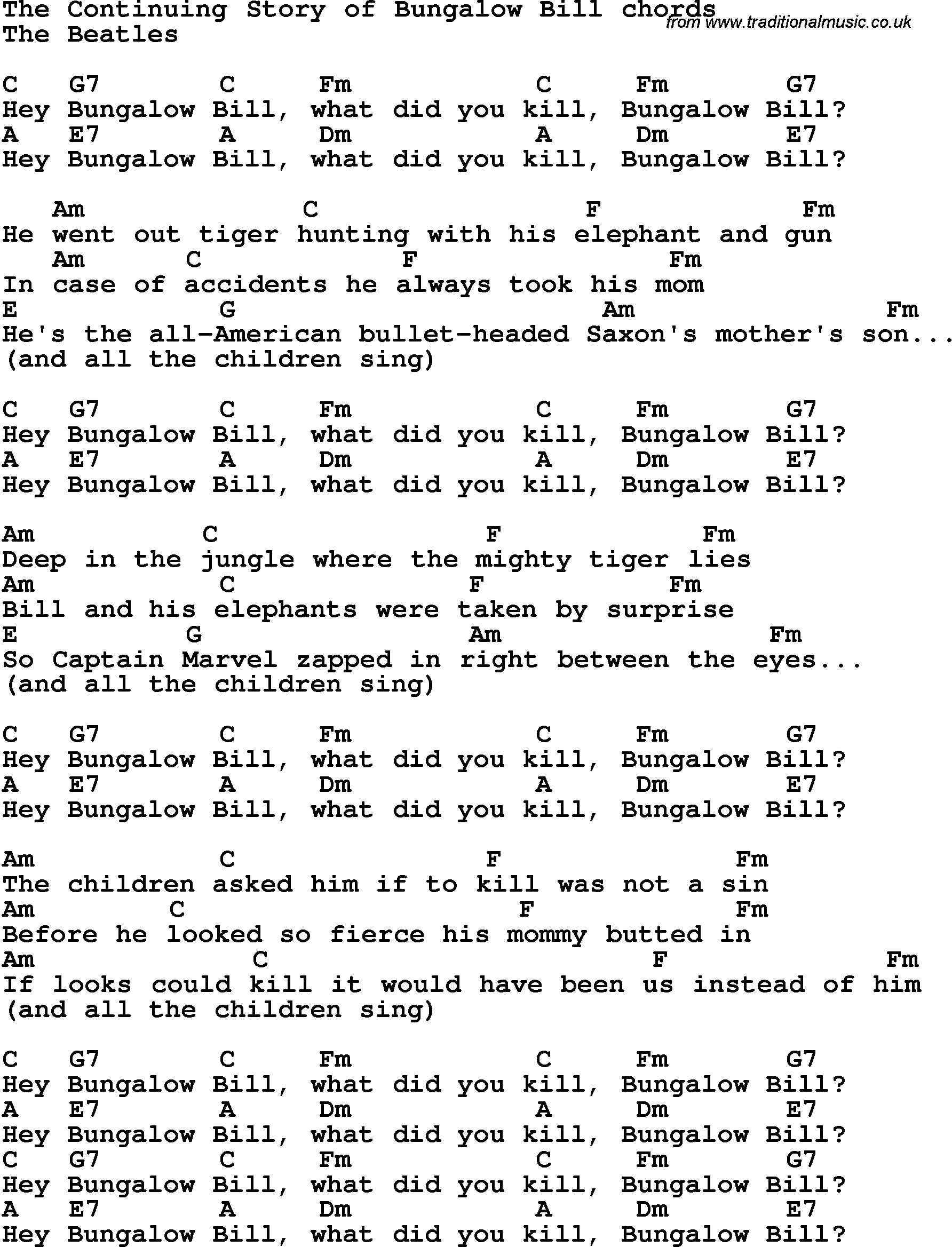 Song Lyrics with guitar chords for Continuing Story Of Bungalow Bill