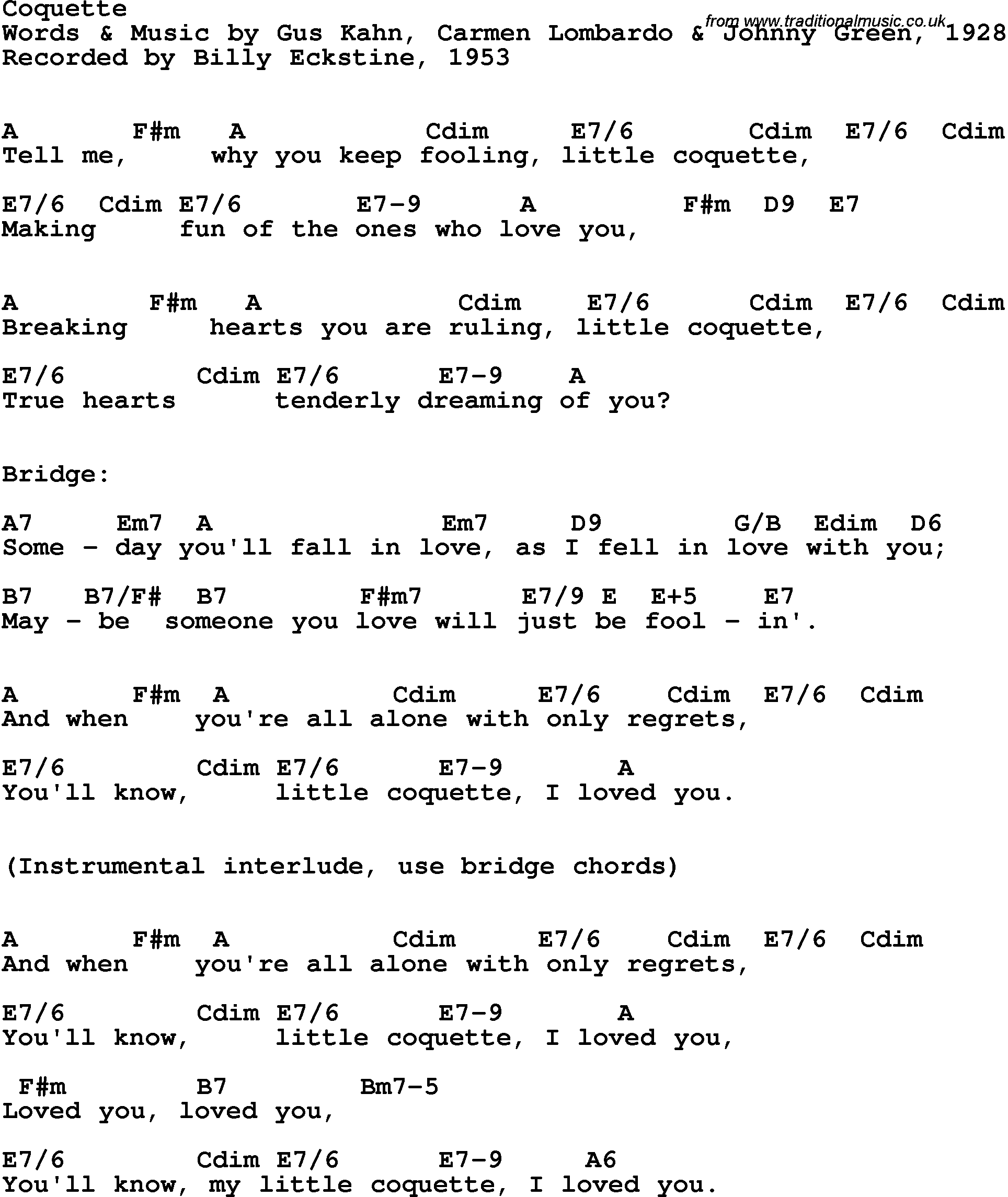 Song Lyrics with guitar chords for Coquette - Billy Eckstine, 1953