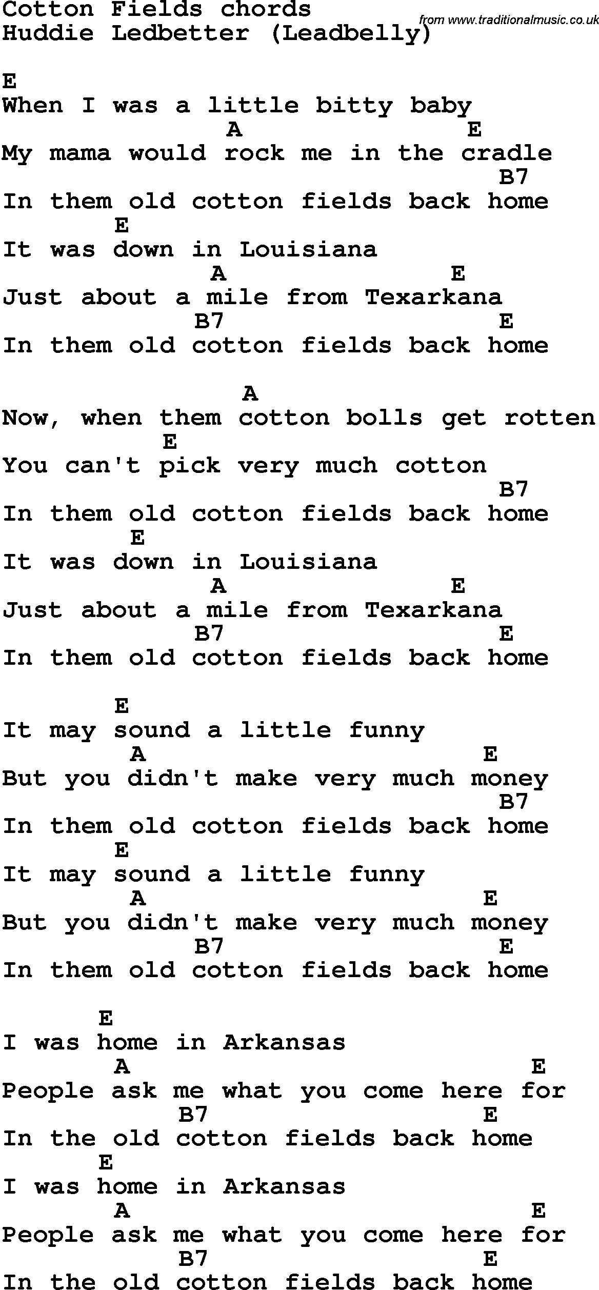 Song Lyrics with guitar chords for Cotton Fields