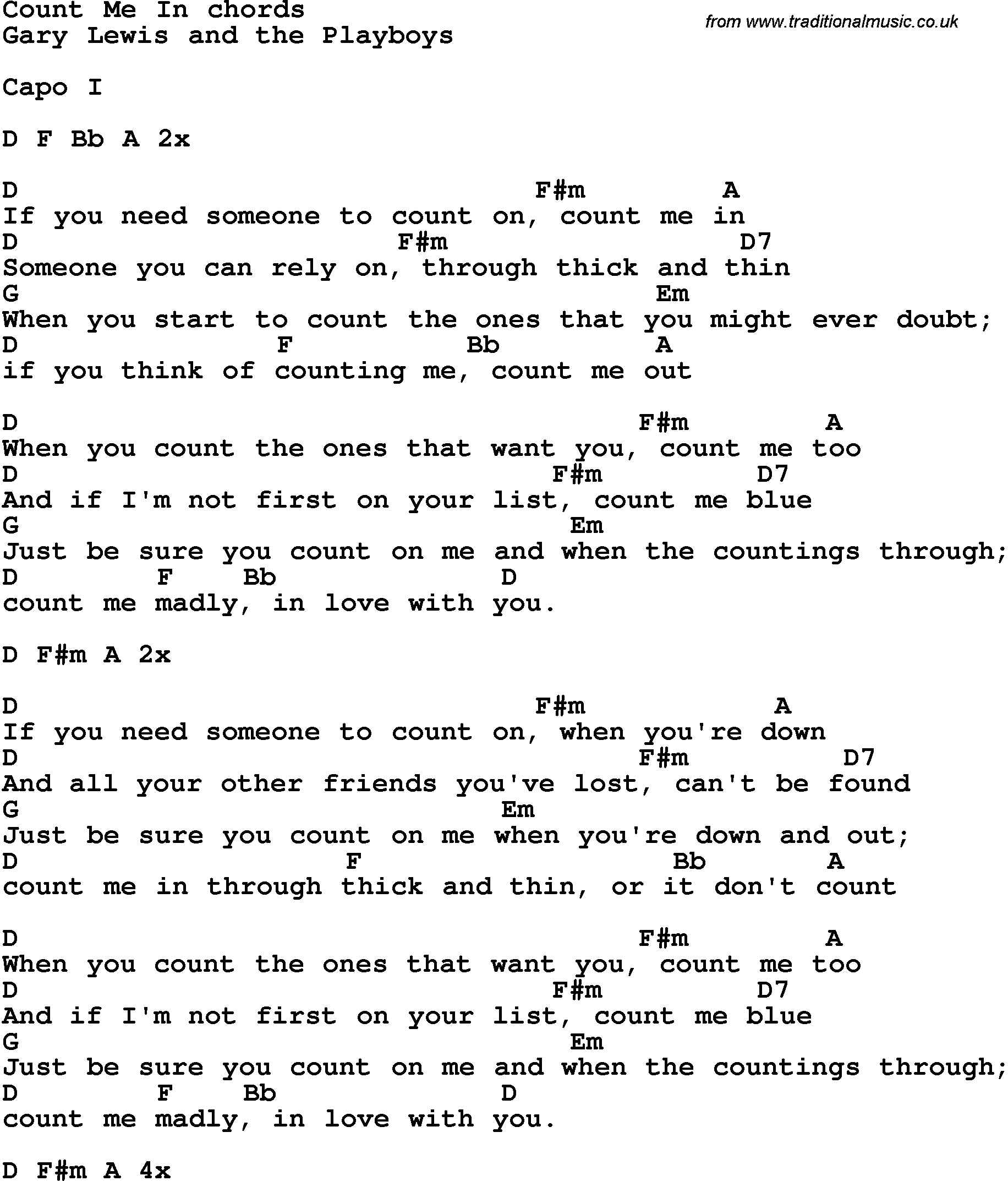 Song Lyrics with guitar chords for Count Me In