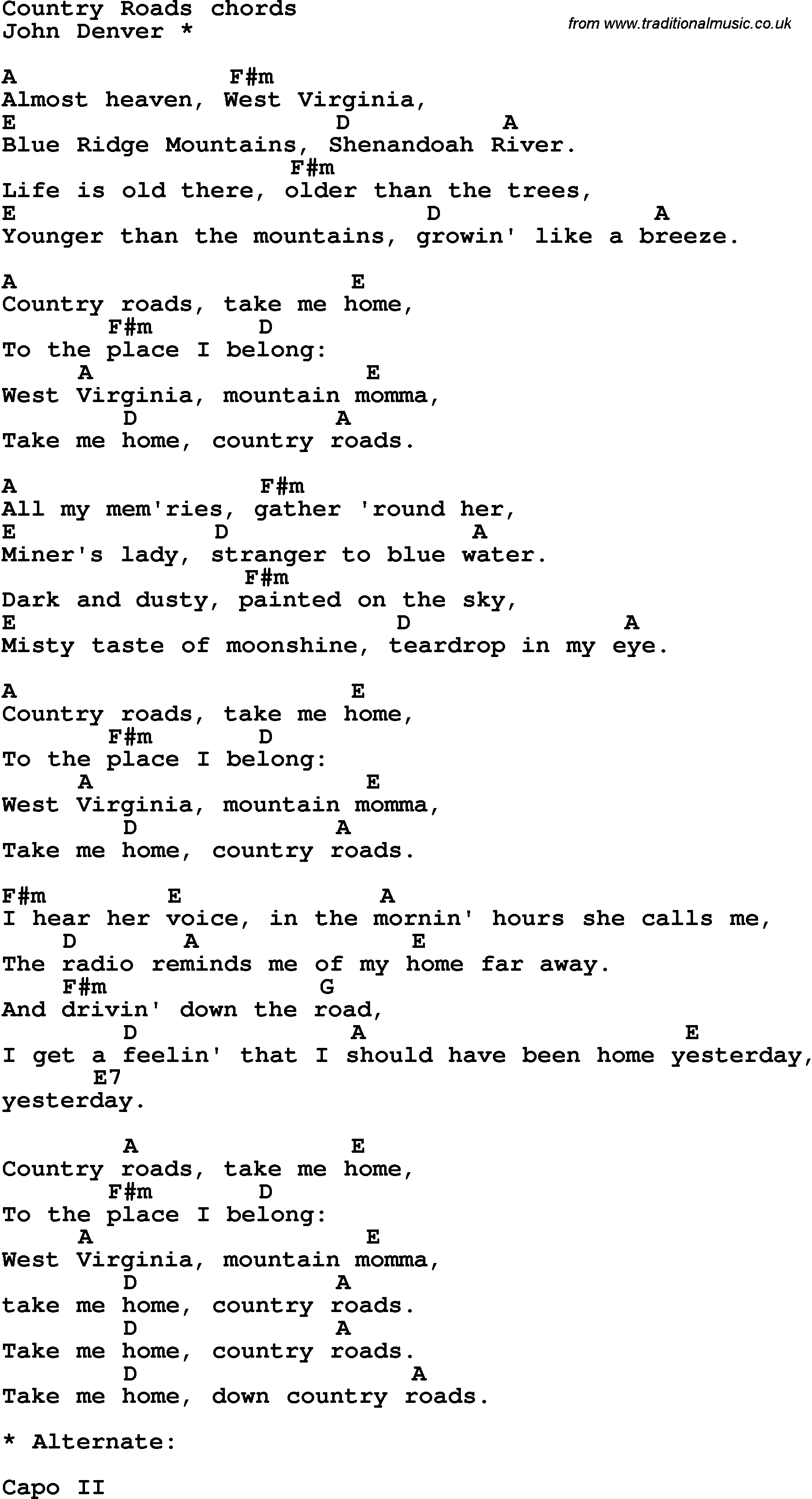Song Lyrics with guitar chords for Country Roads