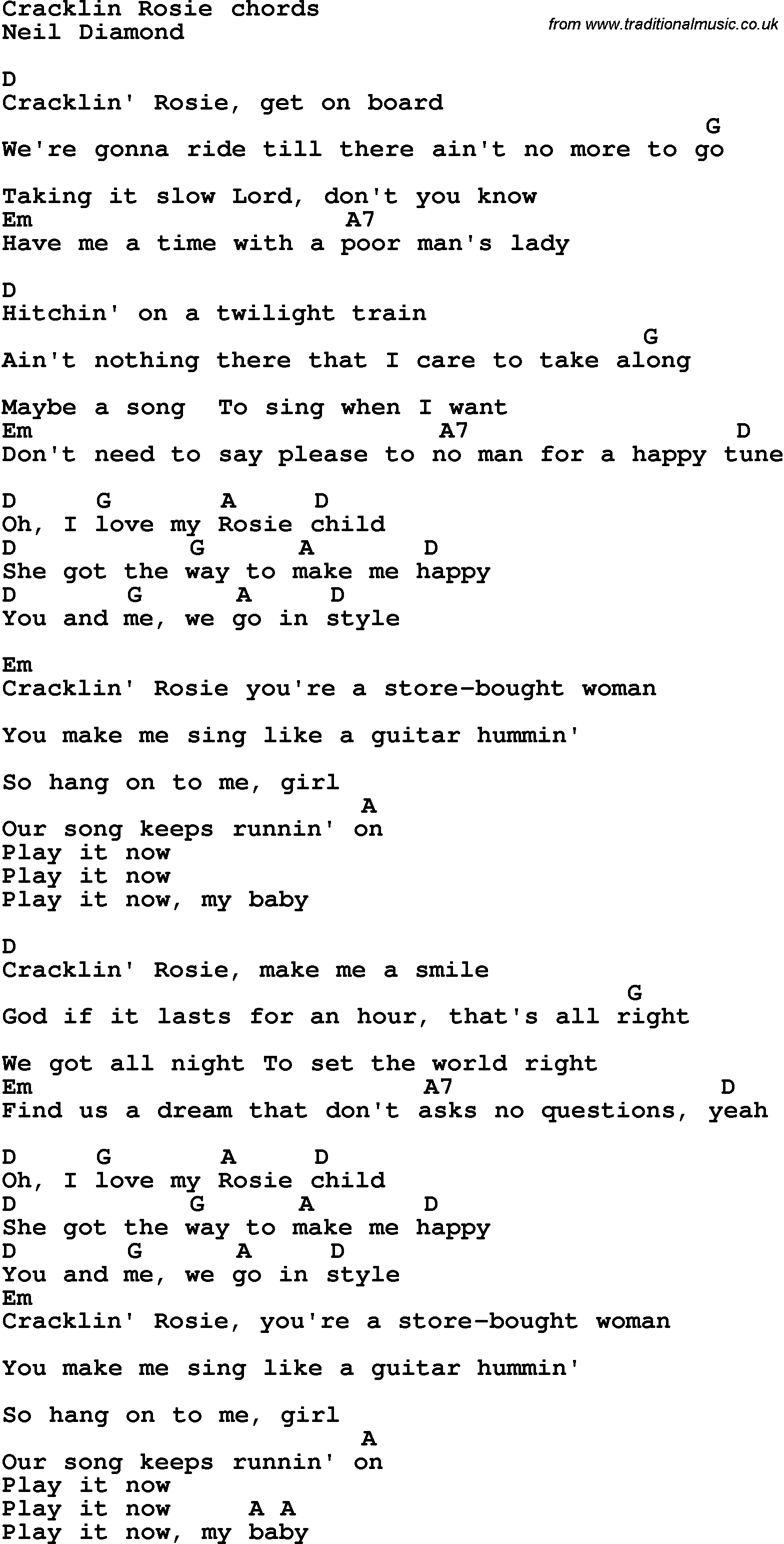 Song Lyrics with guitar chords for Cracklin Rosie