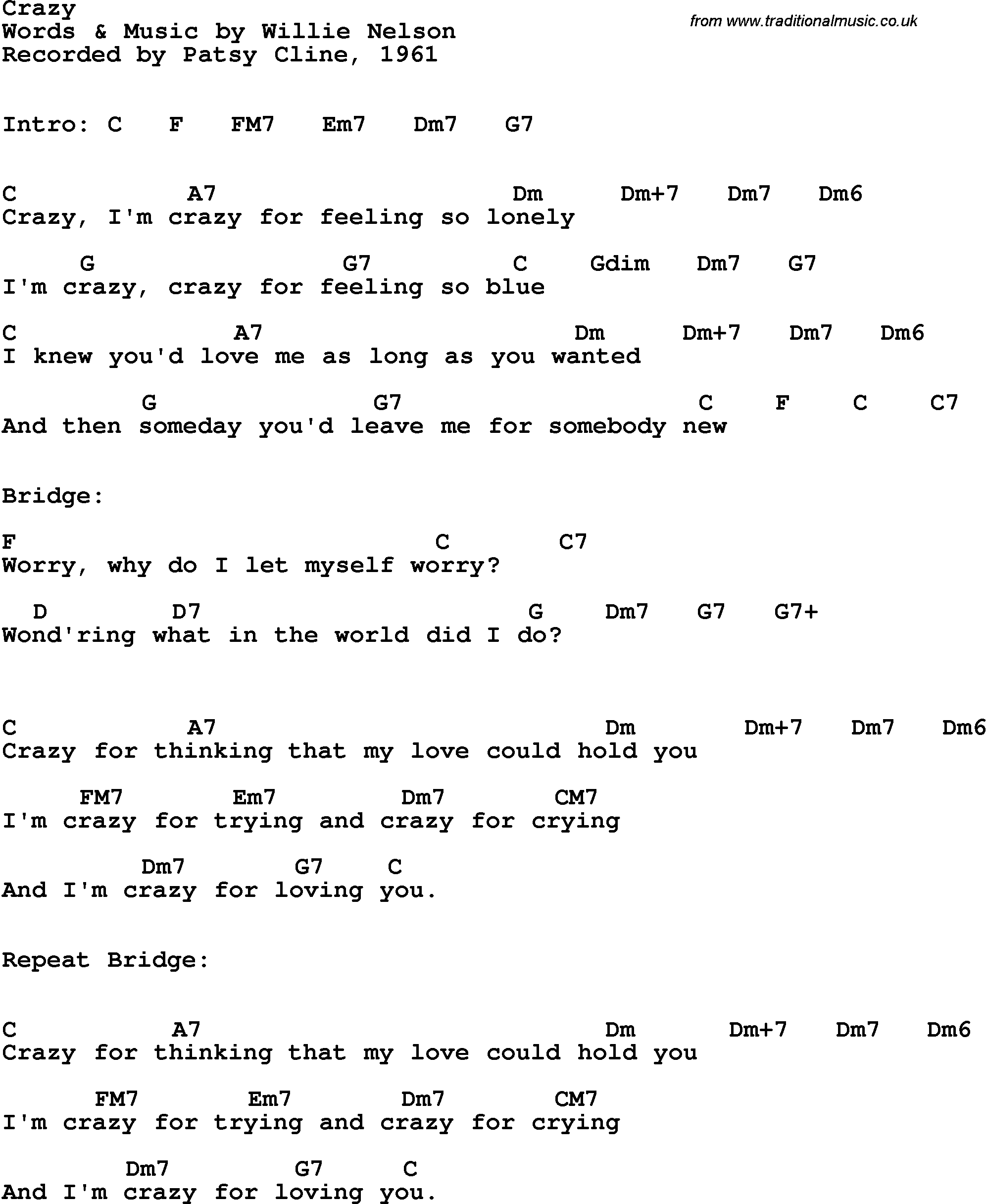 Song Lyrics with guitar chords for Crazy - Patsy Cline, 1961