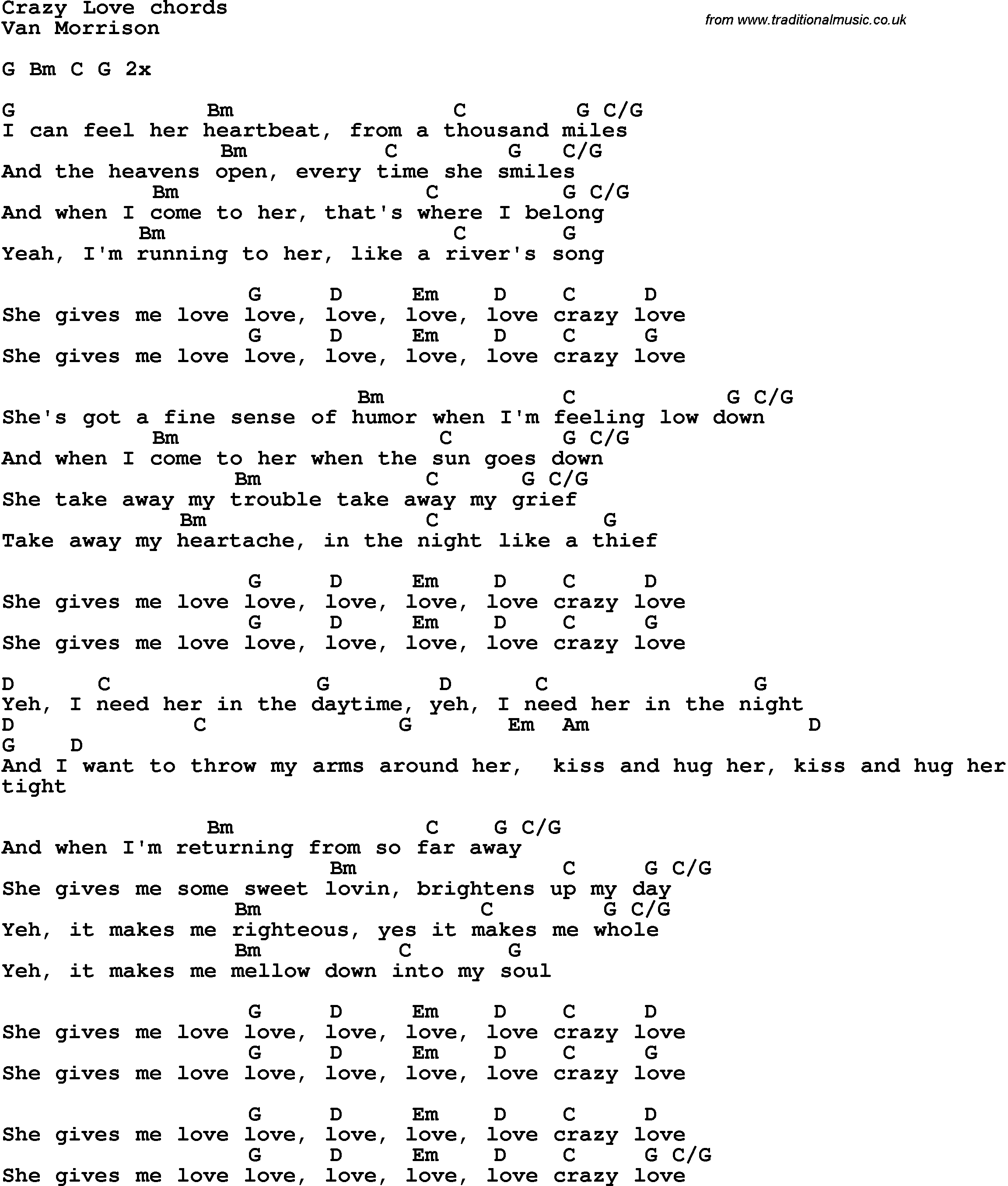 Song Lyrics with guitar chords for Crazy Love