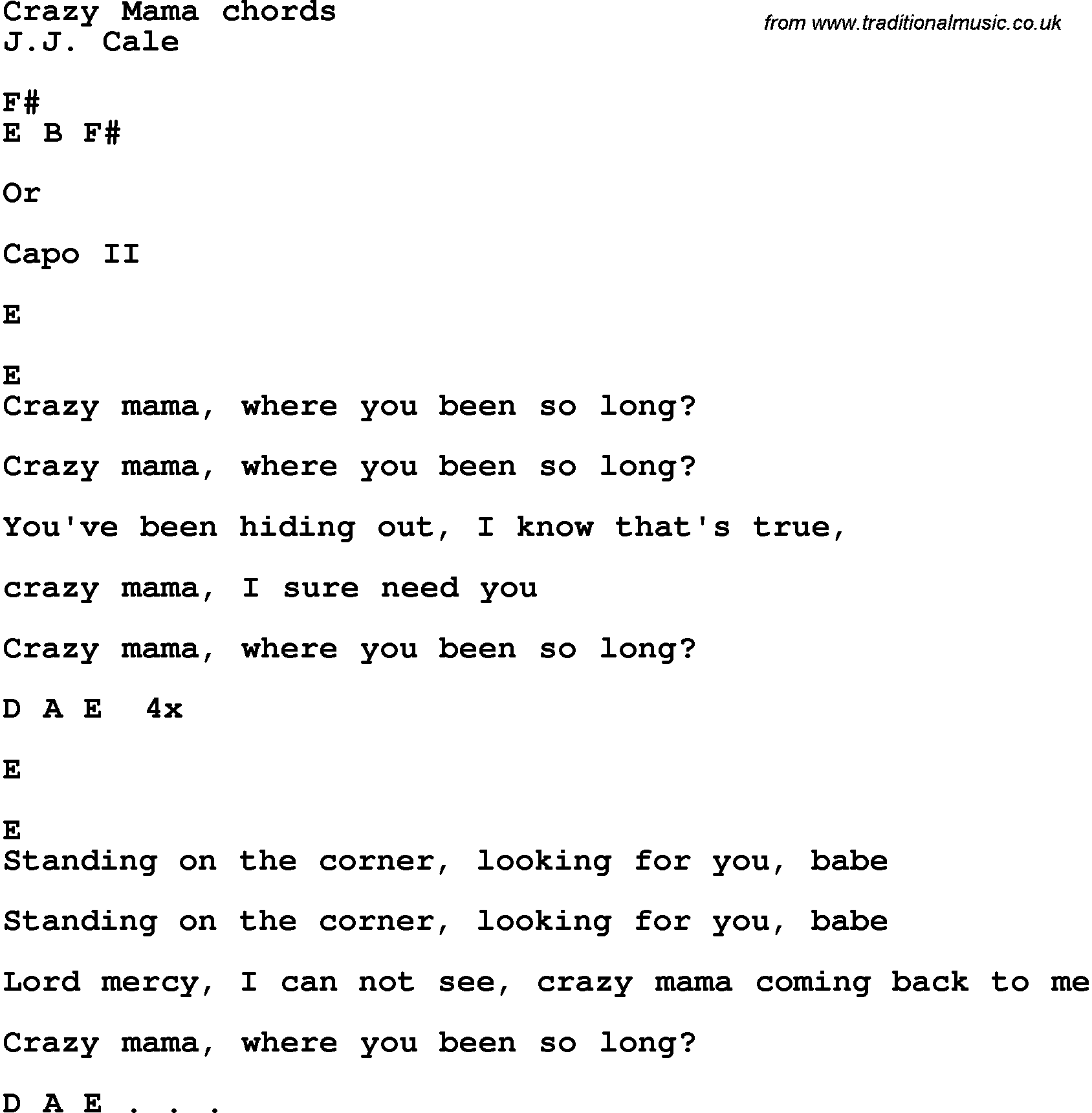 Song Lyrics with guitar chords for Crazy Mama