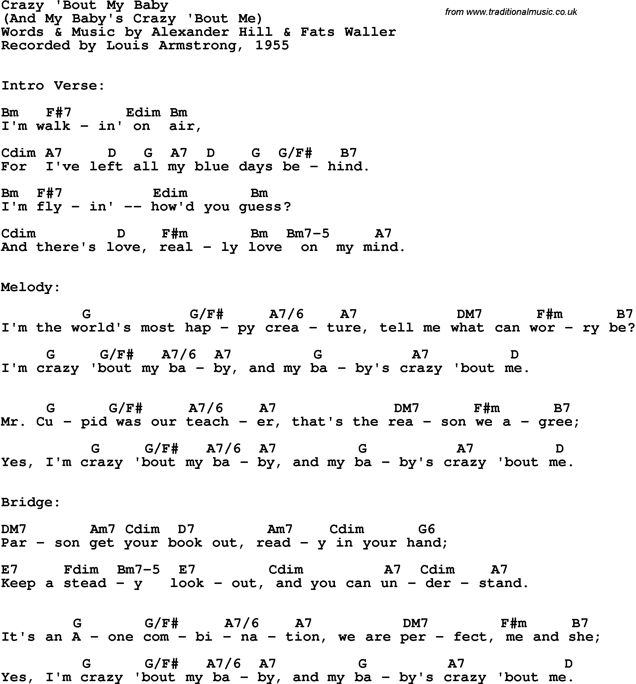 Song Lyrics with guitar chords for Crazy 'bout My Baby - Louis Armstrong, 1955