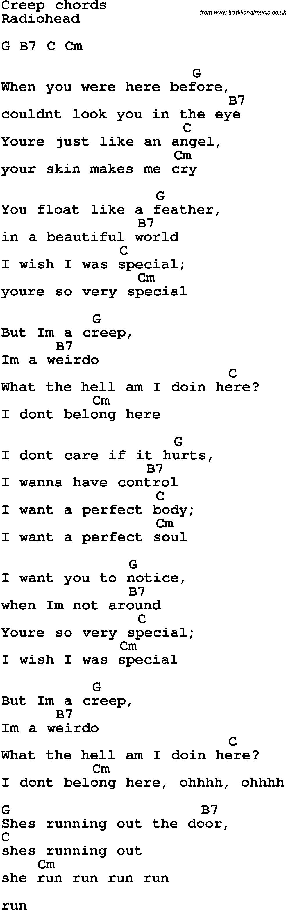 Song Lyrics with guitar chords for Creep