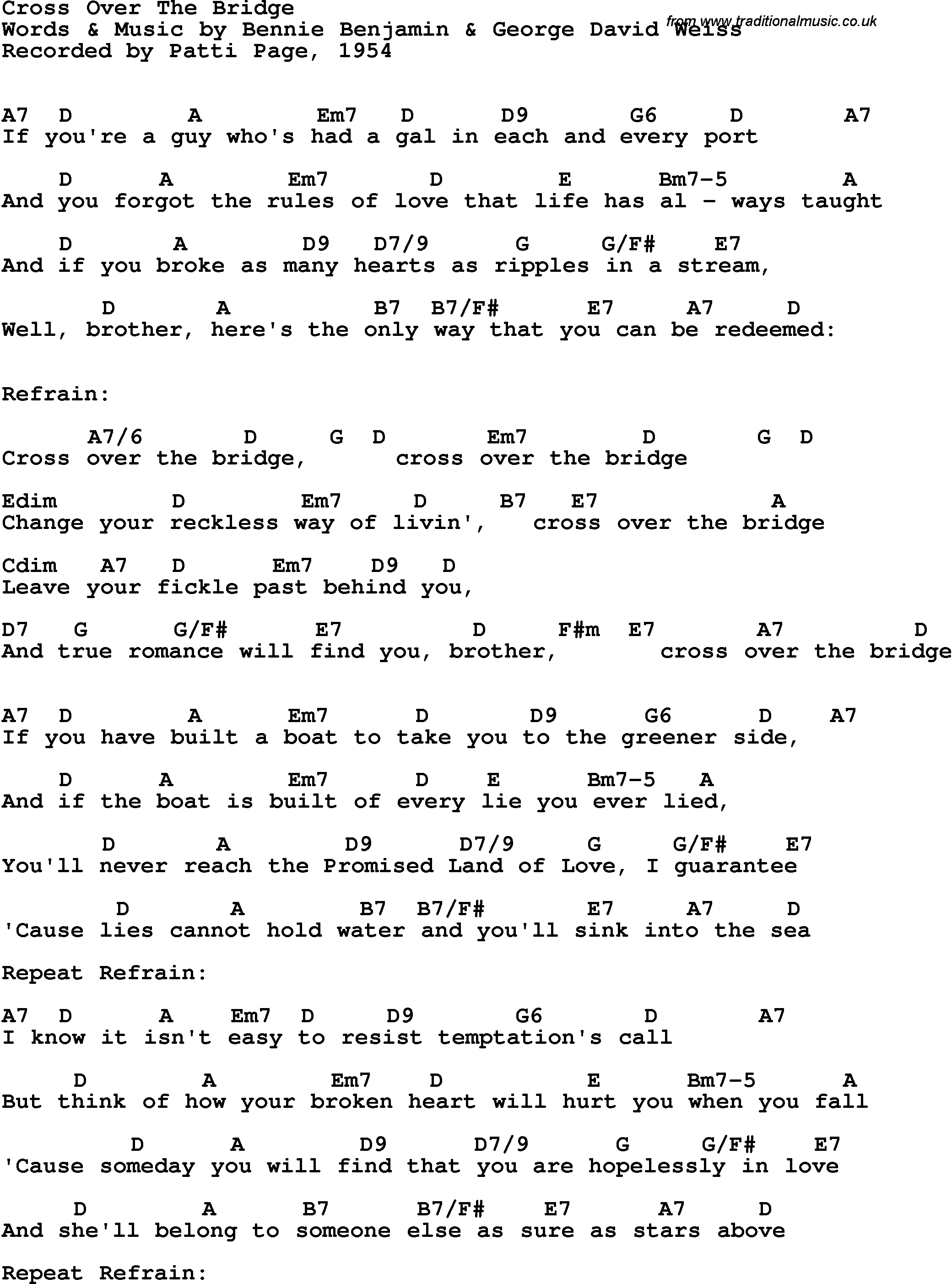 Song Lyrics with guitar chords for Cross Over The Bridge - Patti Page, 1954