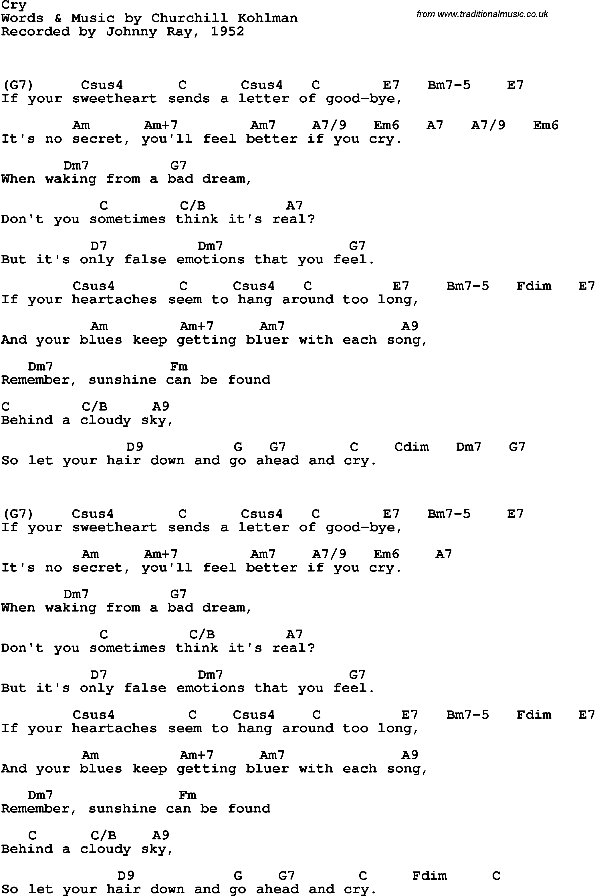 Song Lyrics with guitar chords for Cry - Johnnie Ray, 1952