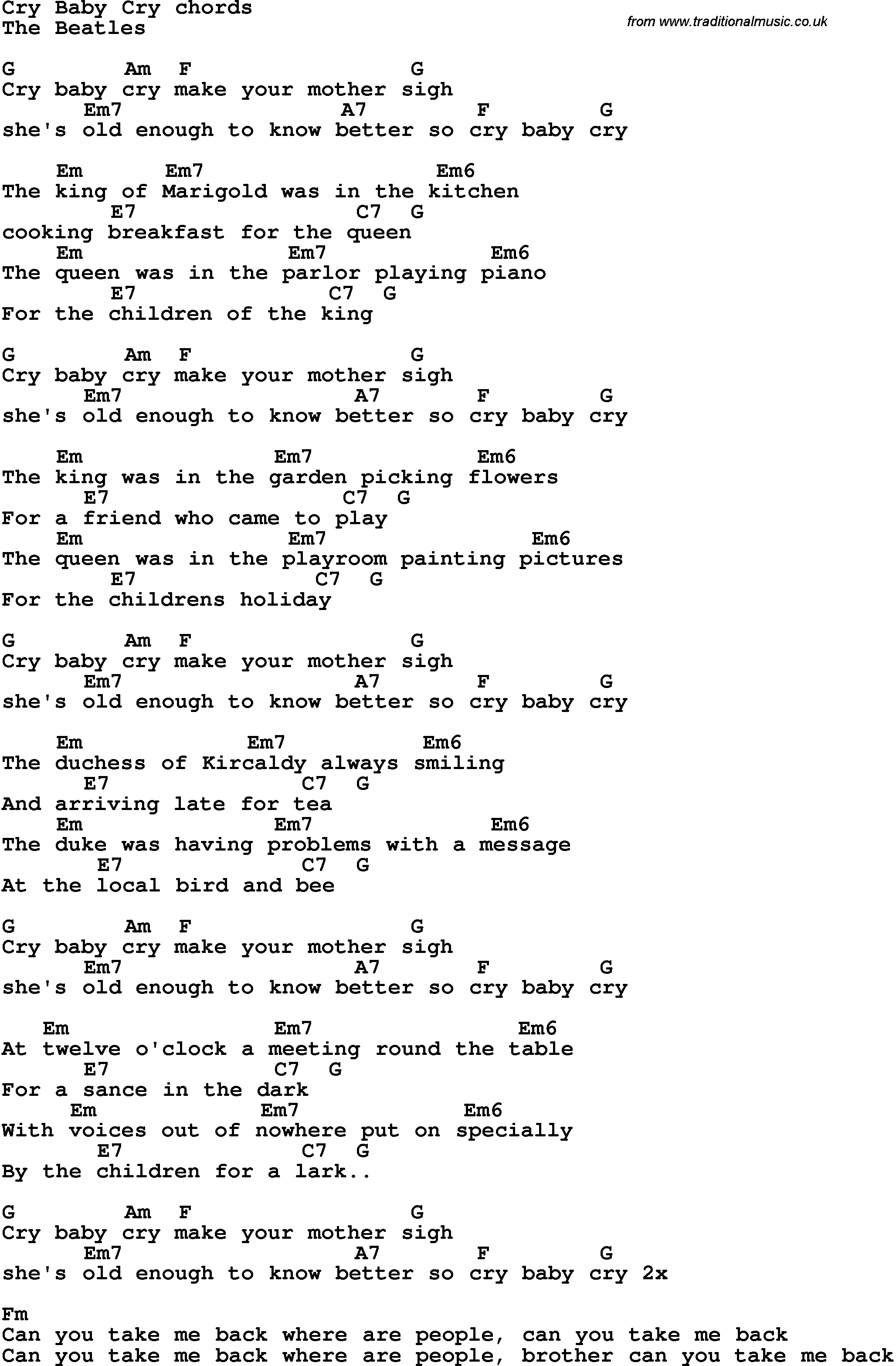 Song Lyrics with guitar chords for Cry Baby Cry - The Beatles