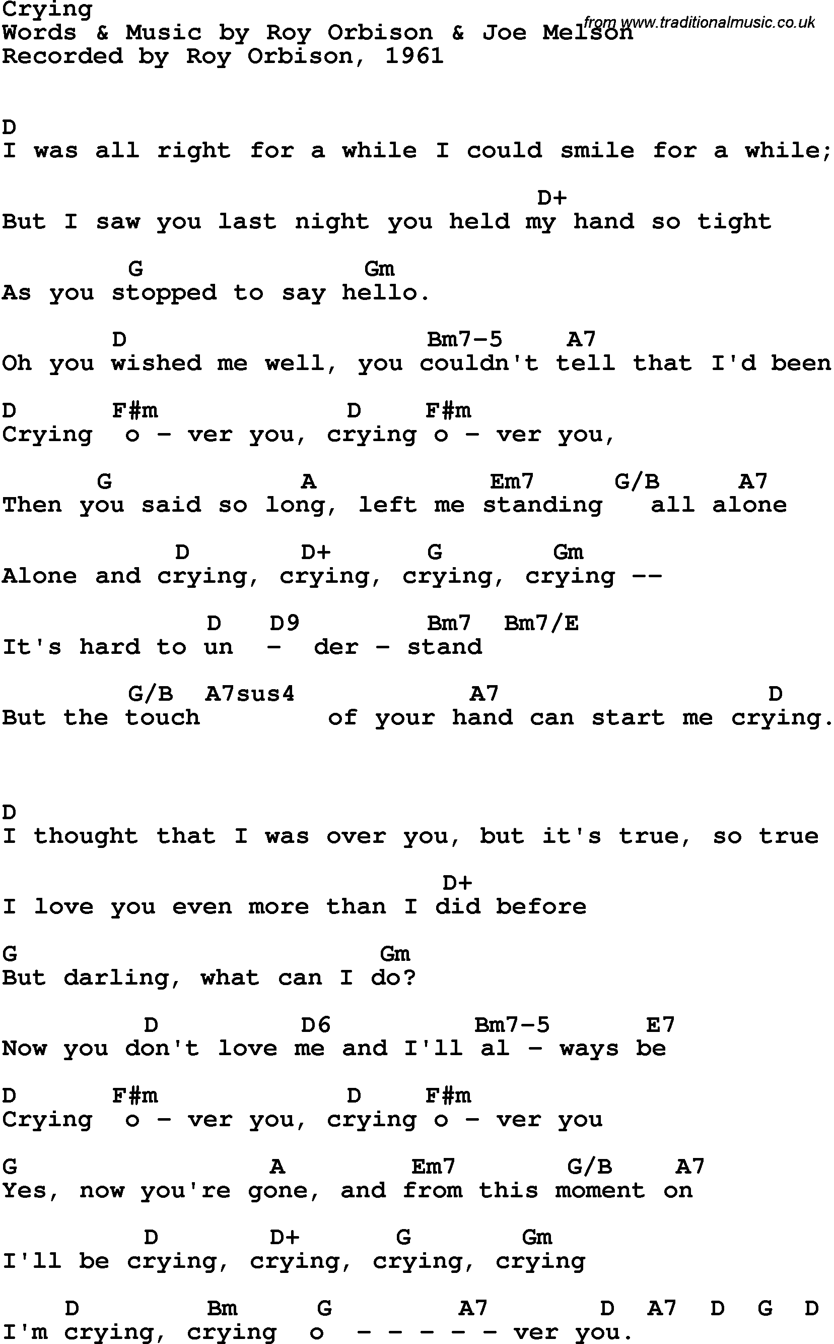 Song Lyrics with guitar chords for Crying - Roy Orbison, 1961