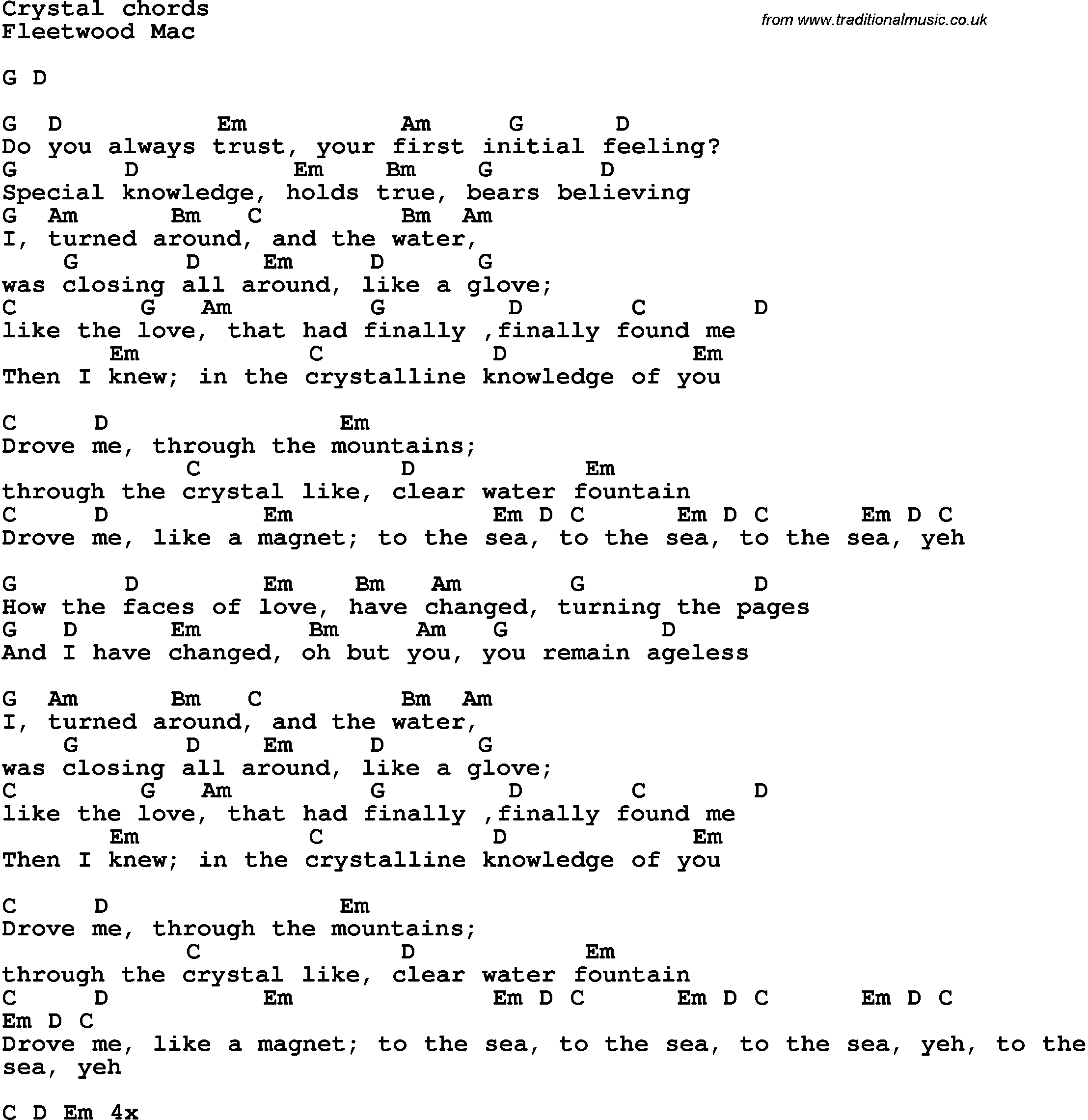 Song Lyrics with guitar chords for Crystal