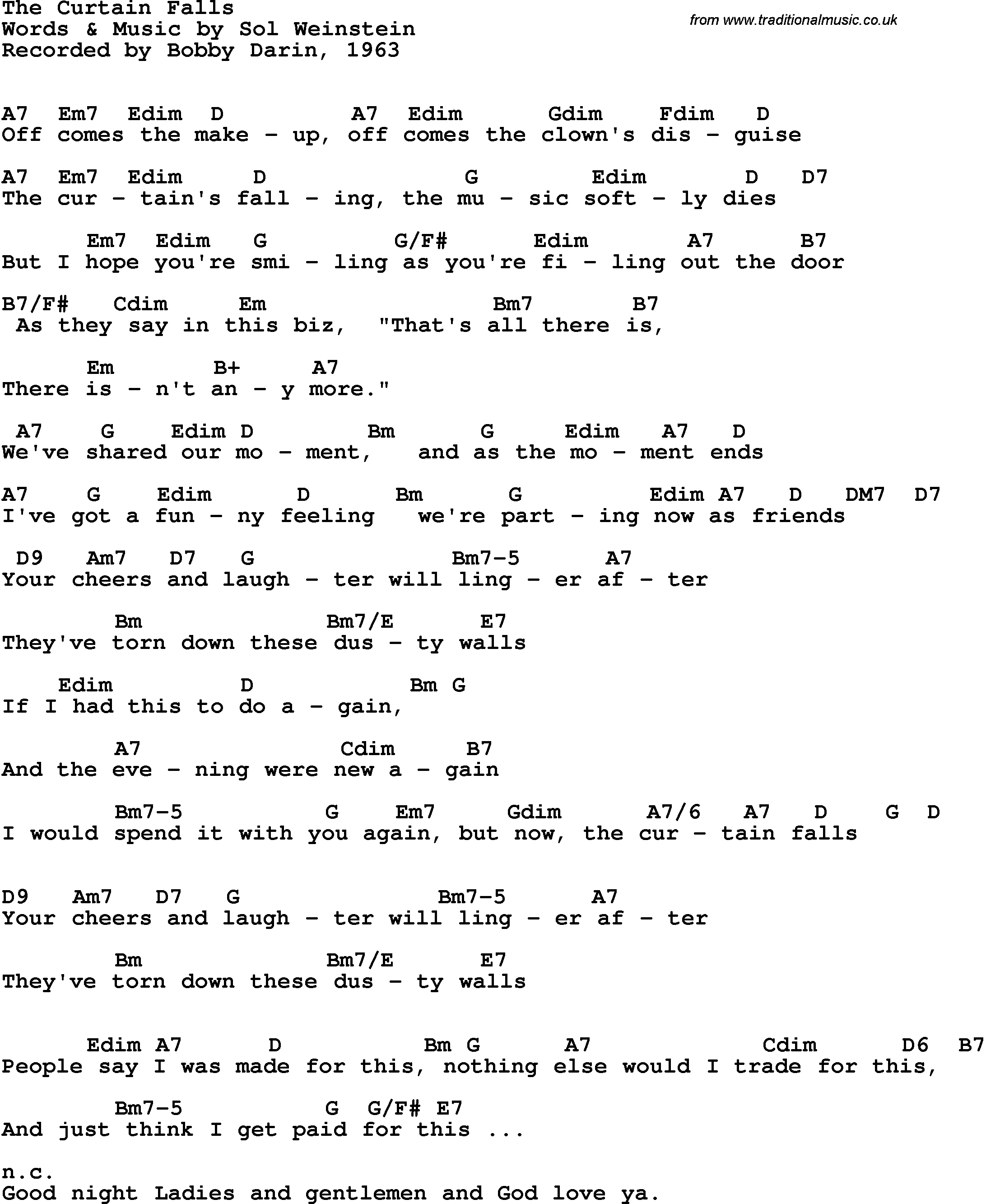 Song Lyrics with guitar chords for Curtain Falls, The - Bobby Darin, 1963