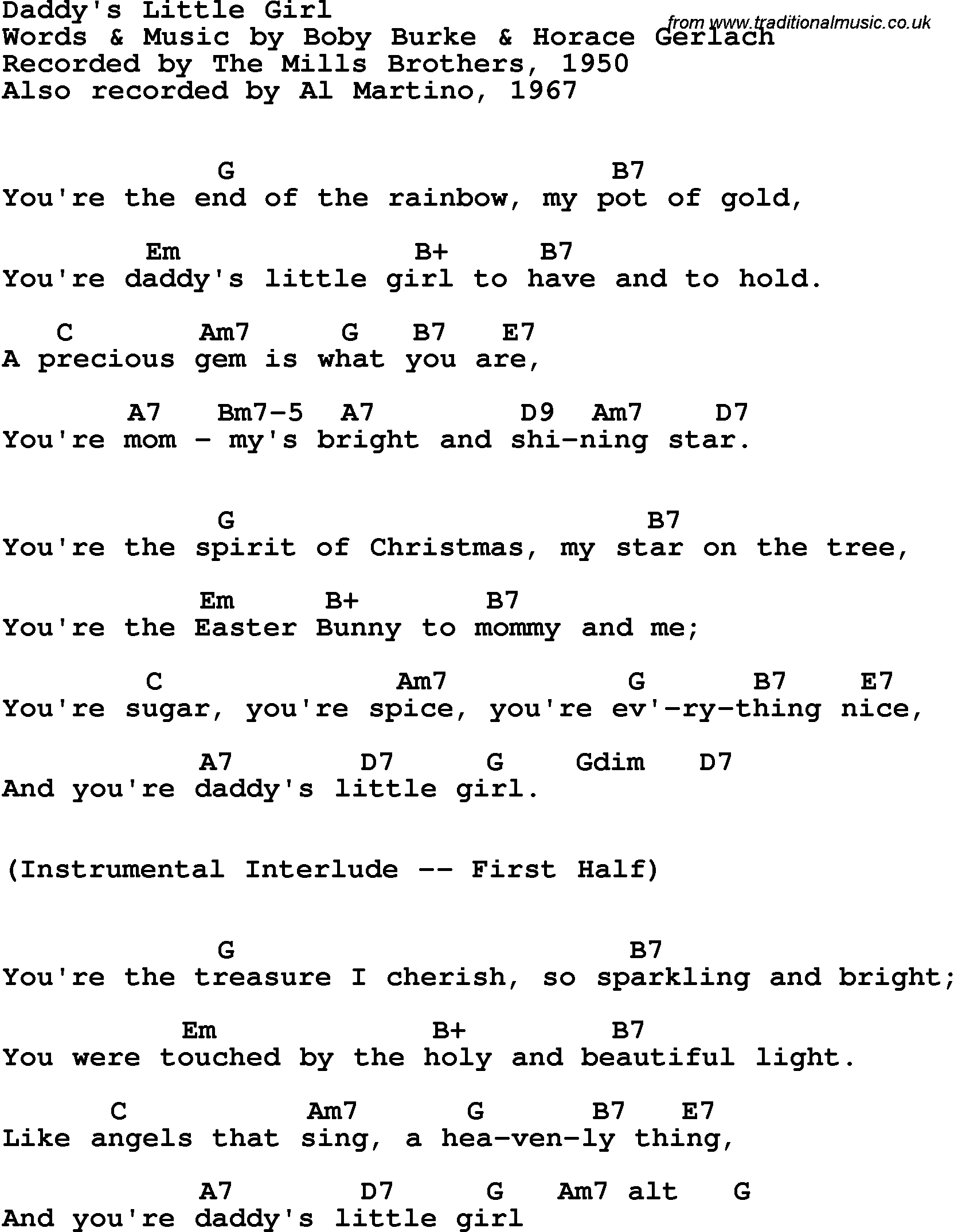 Song Lyrics with guitar chords for Daddy's Little Girl - The Mills Brothers, 1950