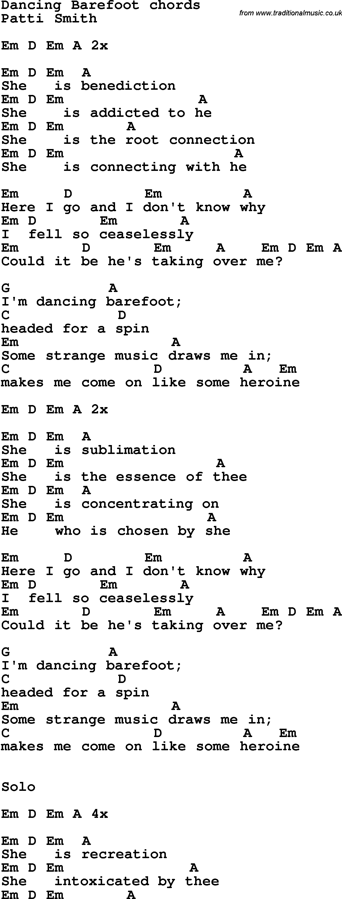 Song Lyrics with guitar chords for Dancing Barefoot