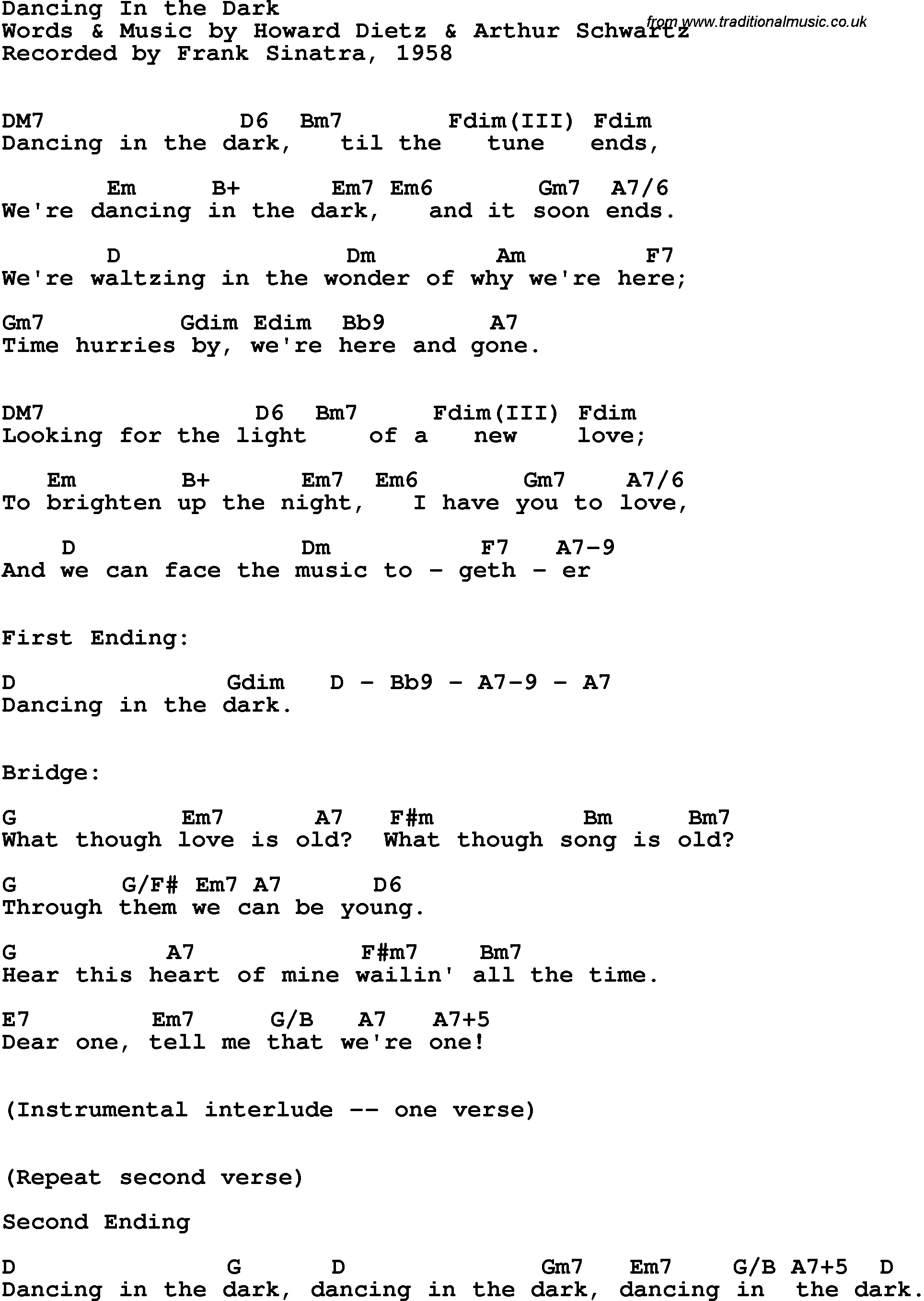 Song Lyrics with guitar chords for Dancing In The Dark - Frank Sinatra, 1958