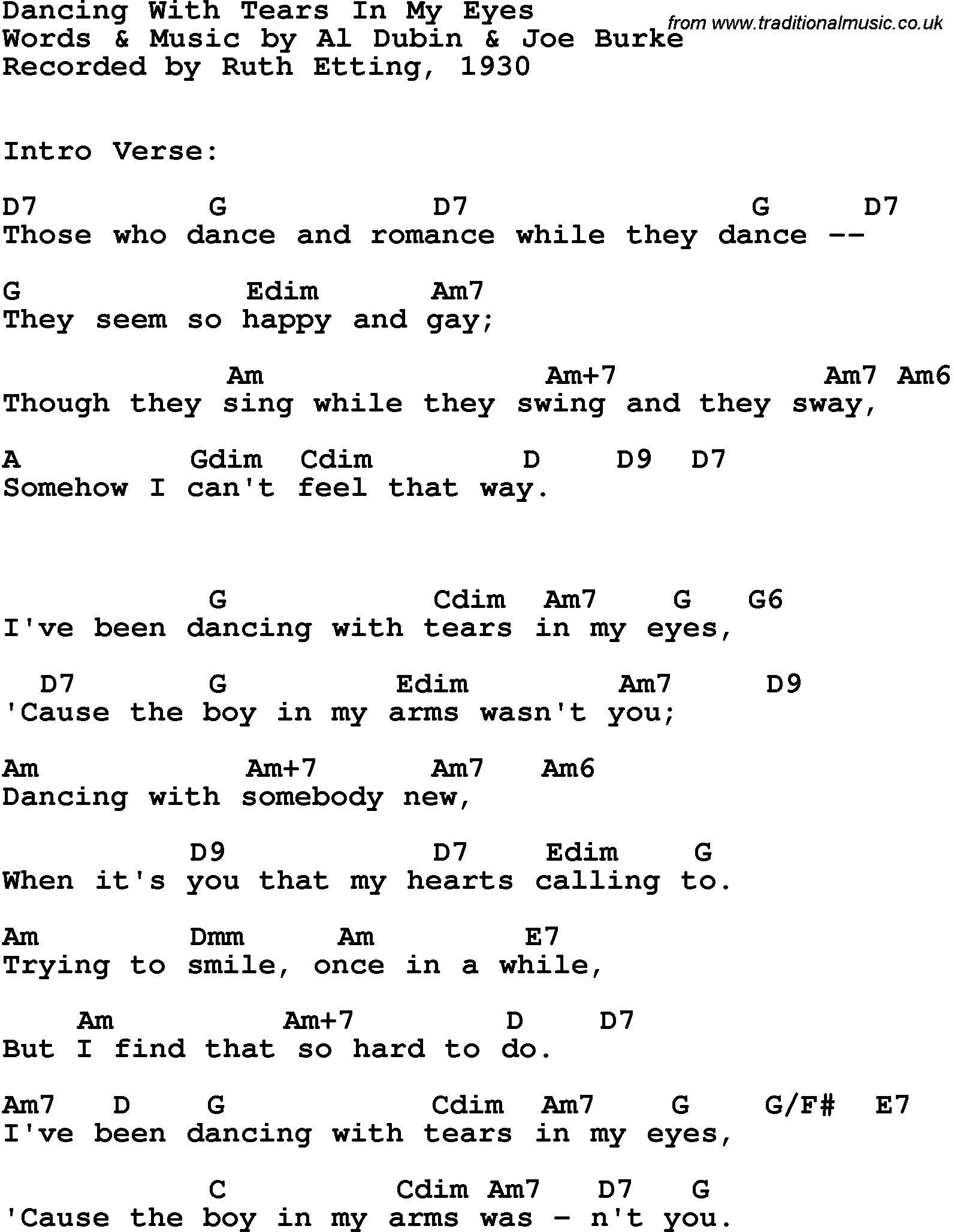 Song Lyrics with guitar chords for Dancing With Tears In My Eyes - Ruth Etting, 1930
