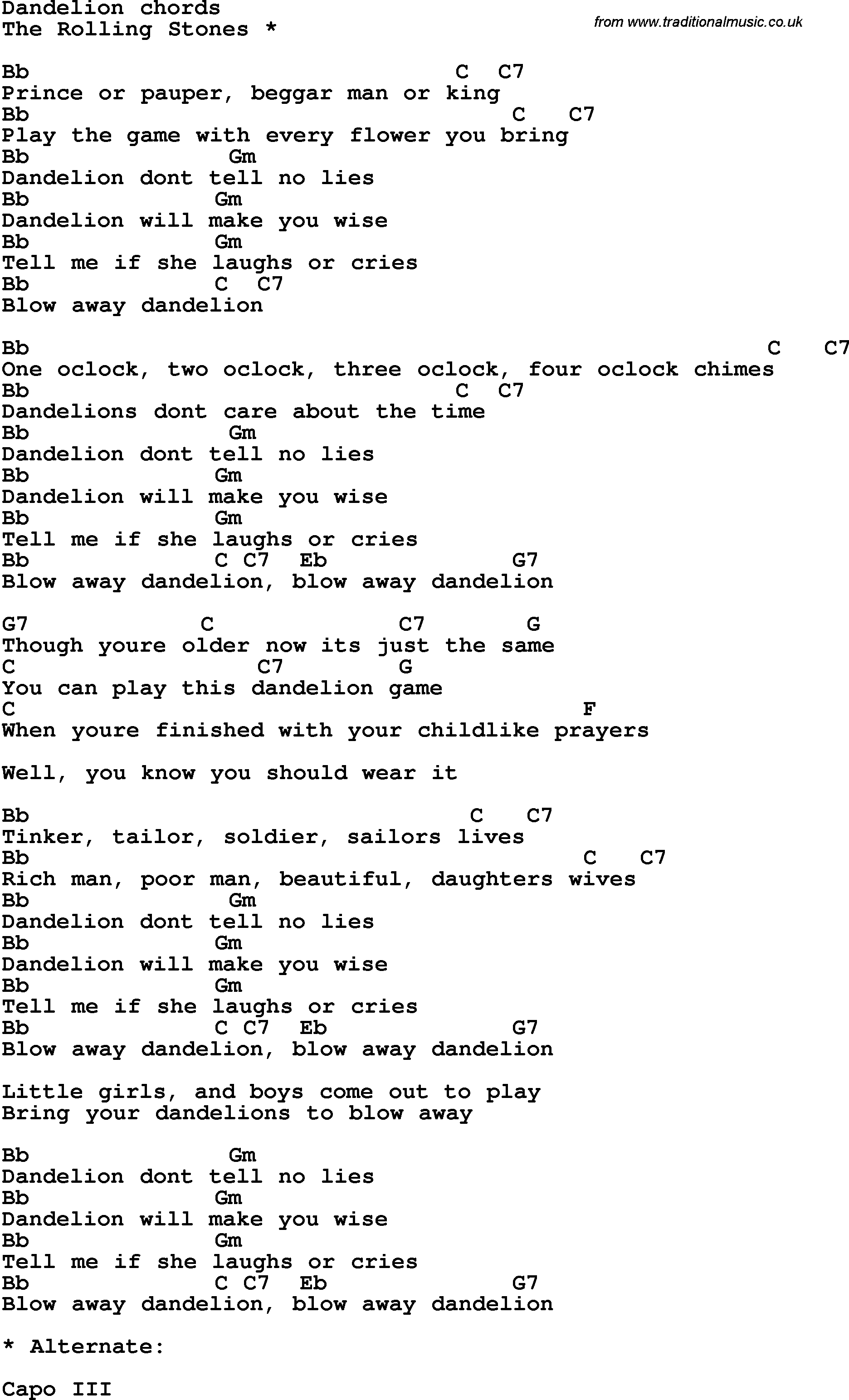 Song Lyrics with guitar chords for Dandelion